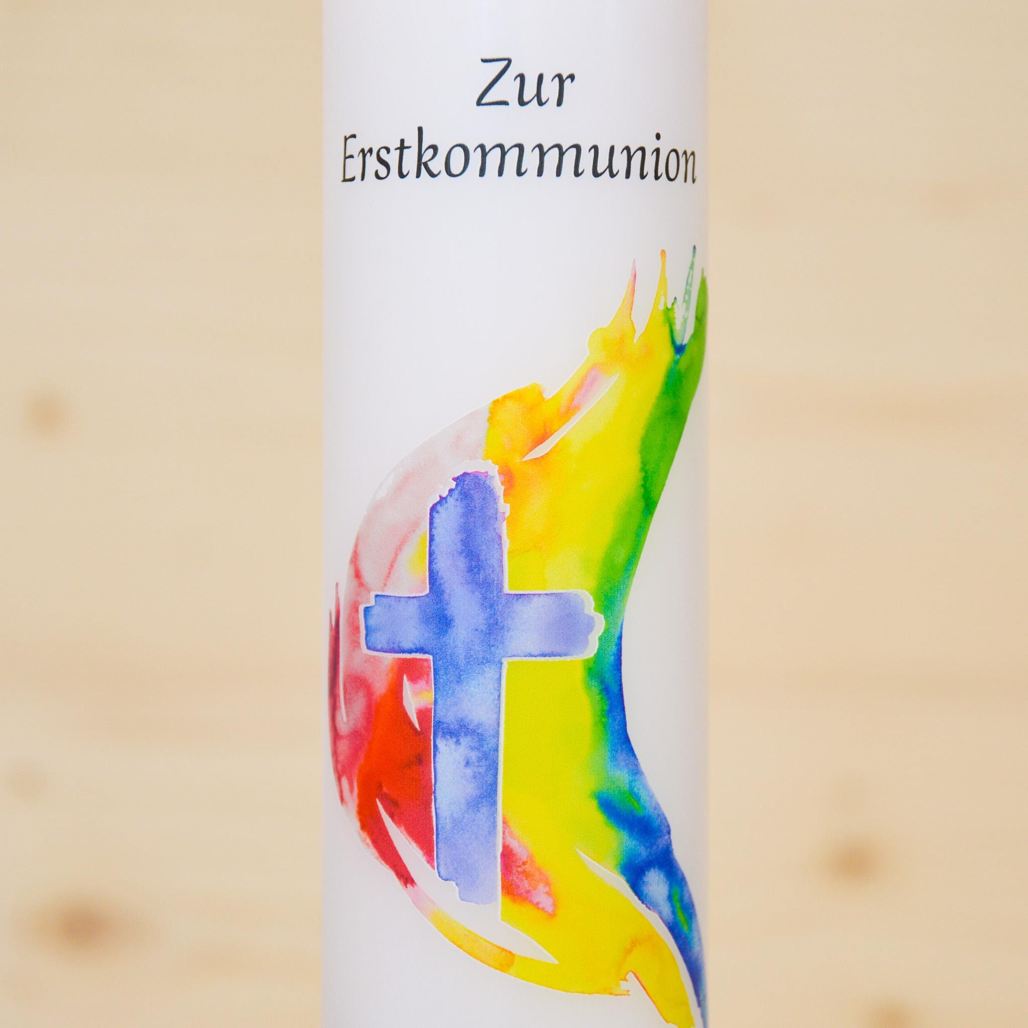 Personalisierte Kommunionkerze Regenbogen Kreuz Emilia – Mit Name, Datum & Spruch – Kerze zur Erstkommunion - Erstkommunion