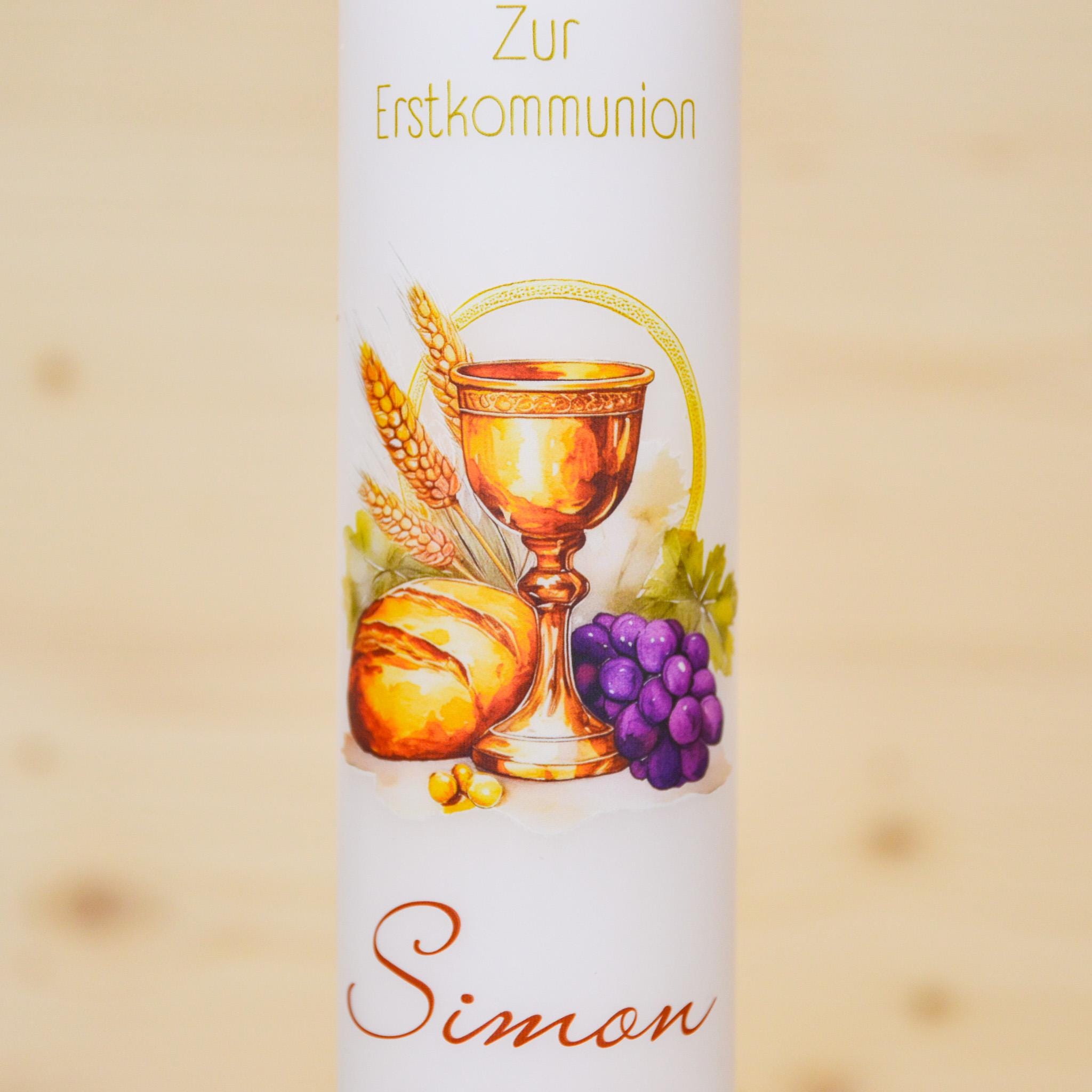 Personalisierte Kommunionkerze Brot und Wein Simon – Mit Name, Datum & Spruch – Kerze zur Erstkommunion - Erstkommunion