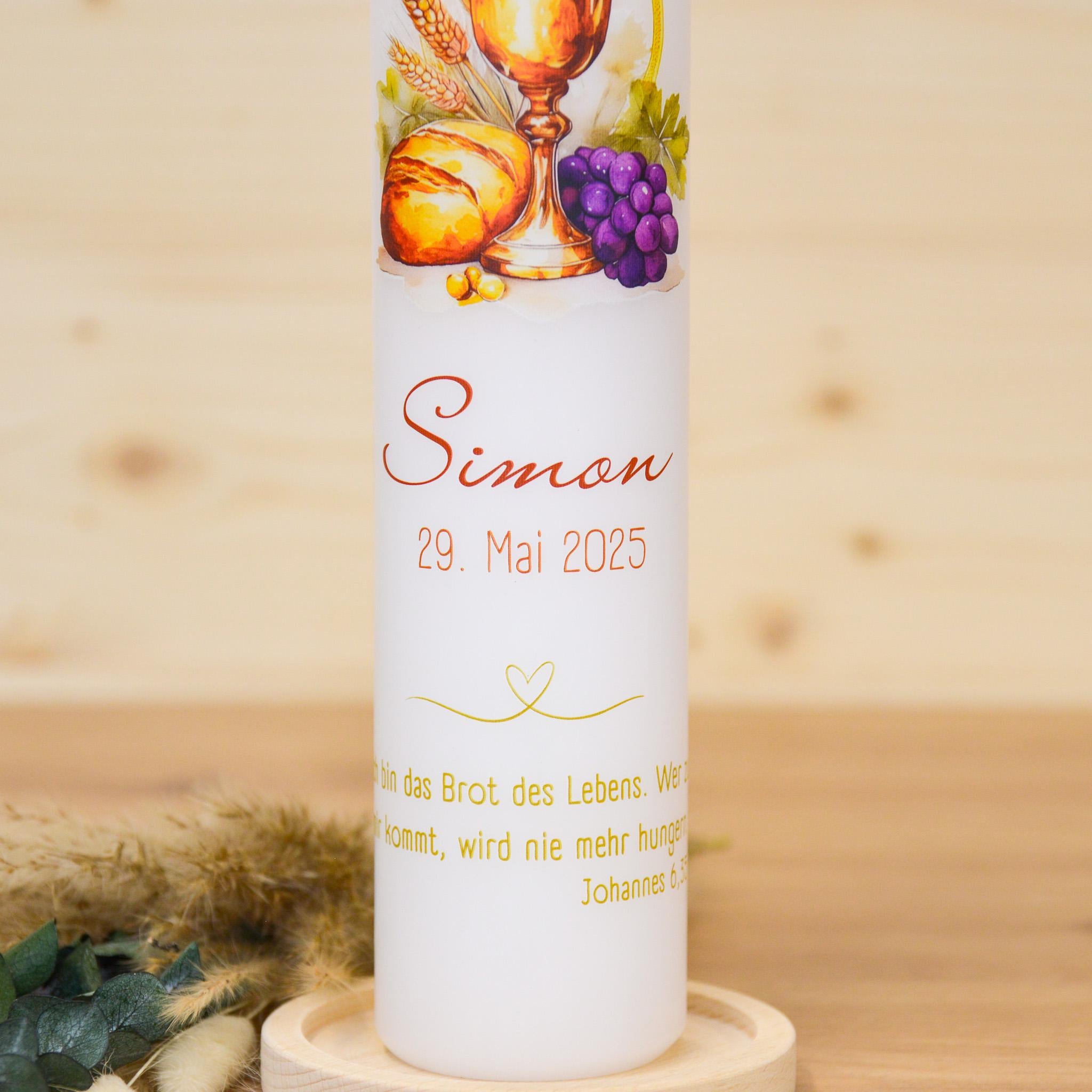 Personalisierte Kommunionkerze Brot und Wein Simon – Mit Name, Datum & Spruch – Kerze zur Erstkommunion - Erstkommunion