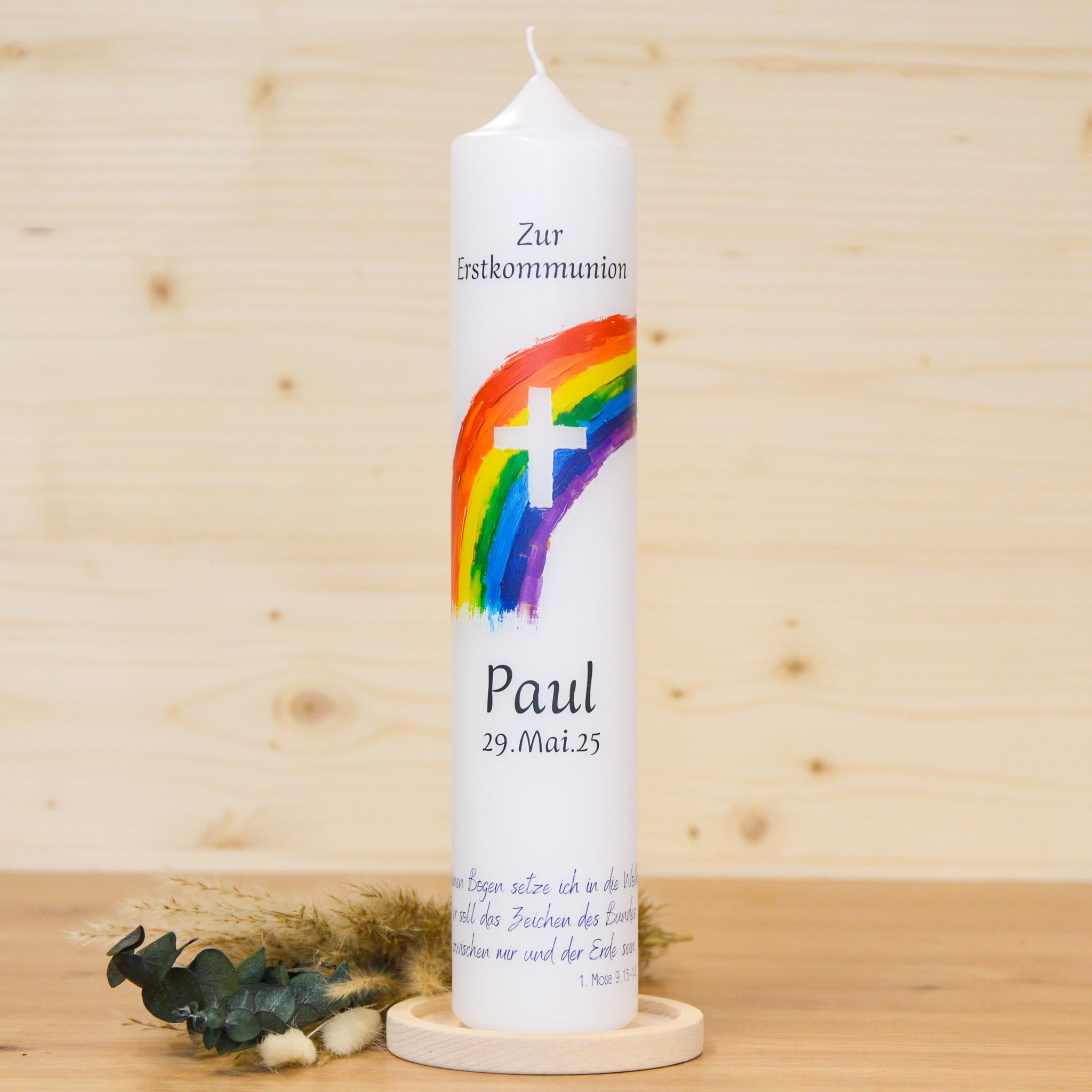Personalisierte Kommunionkerze Regenbogen Kreuz Paul – Mit Name, Datum & Spruch – Kerze zur Erstkommunion - Erstkommunion