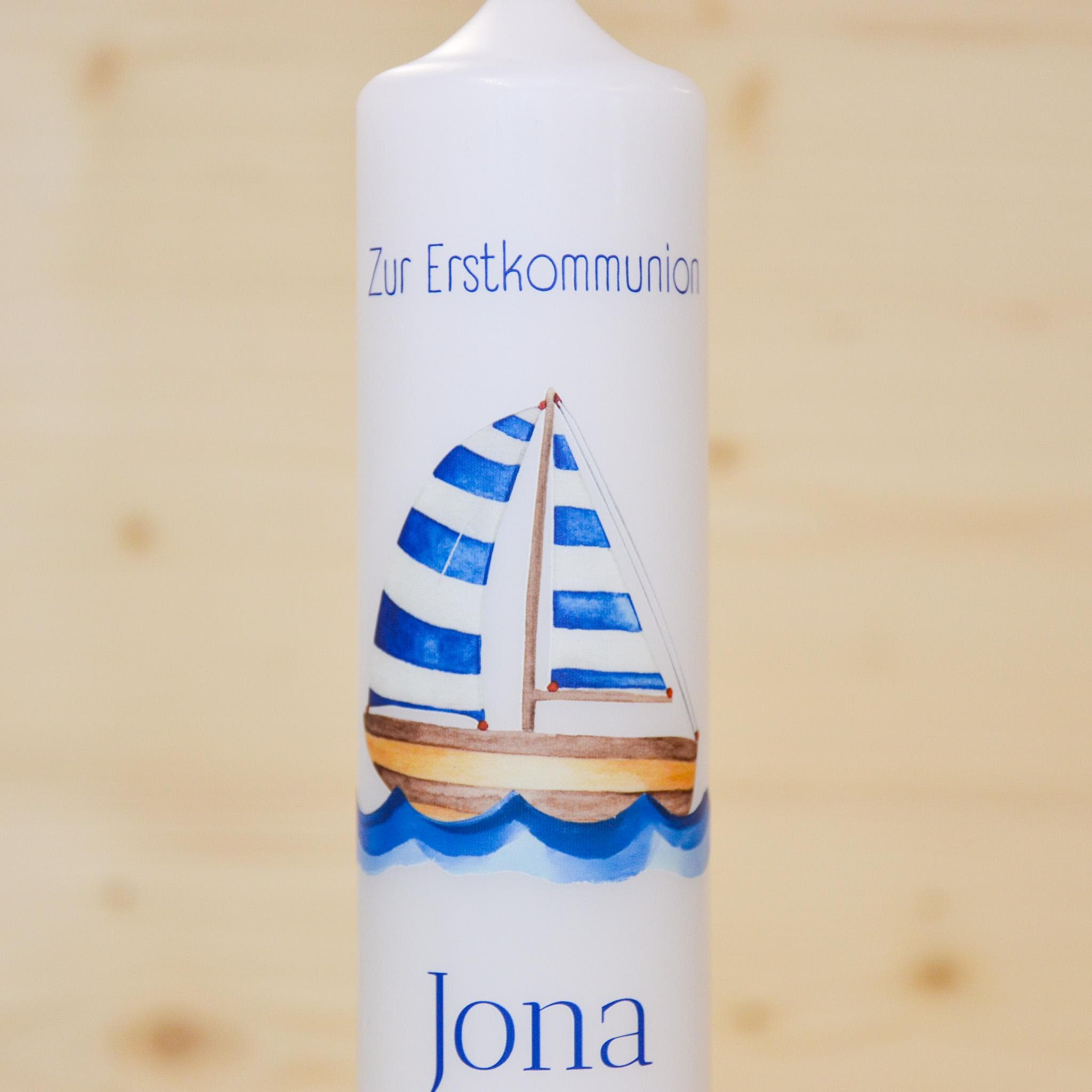 Personalisierte Kommunionkerze Schiff Jona – Mit Name, Datum & Spruch – Kerze zur Erstkommunion - Erstkommunion