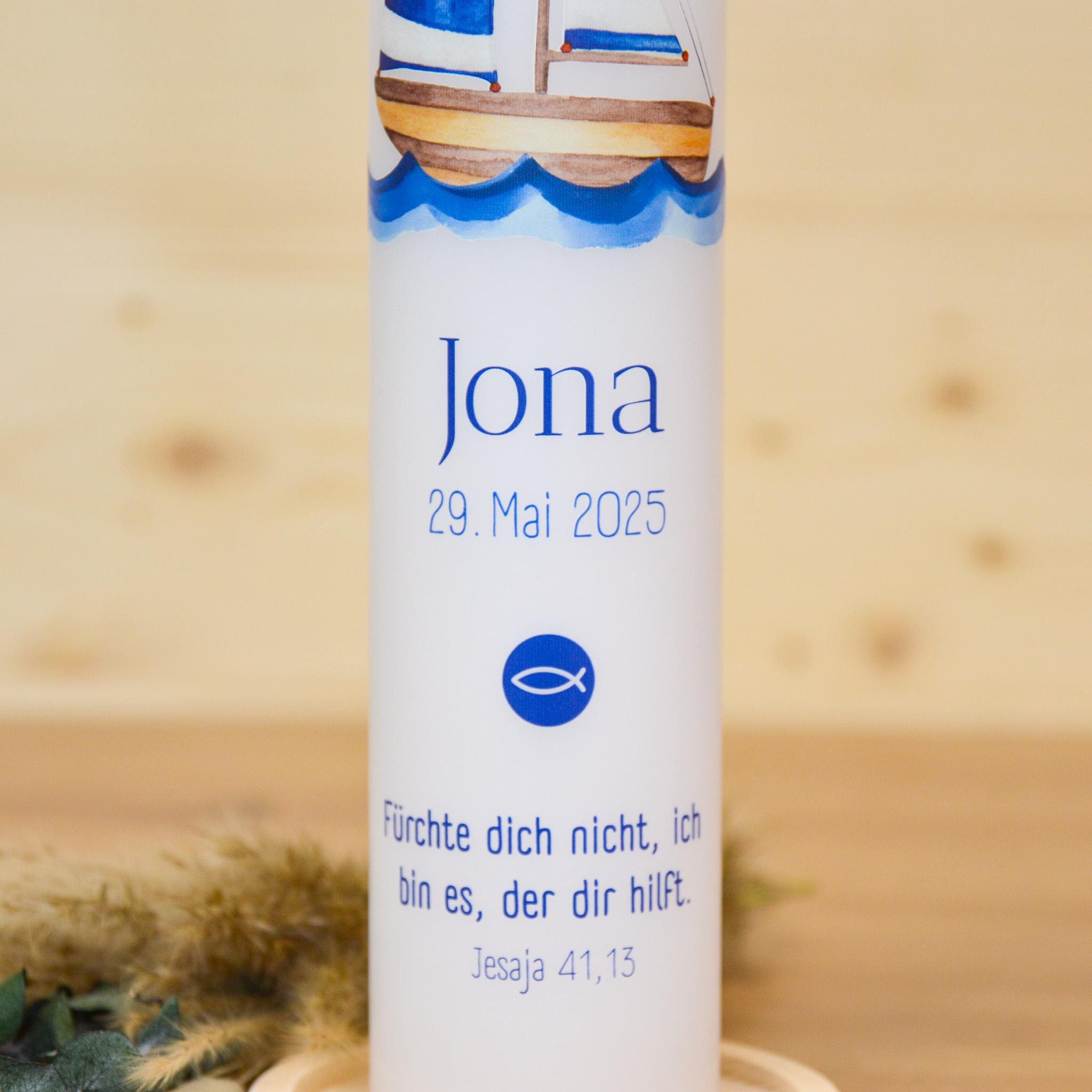 Personalisierte Kommunionkerze Schiff Jona – Mit Name, Datum & Spruch – Kerze zur Erstkommunion - Erstkommunion