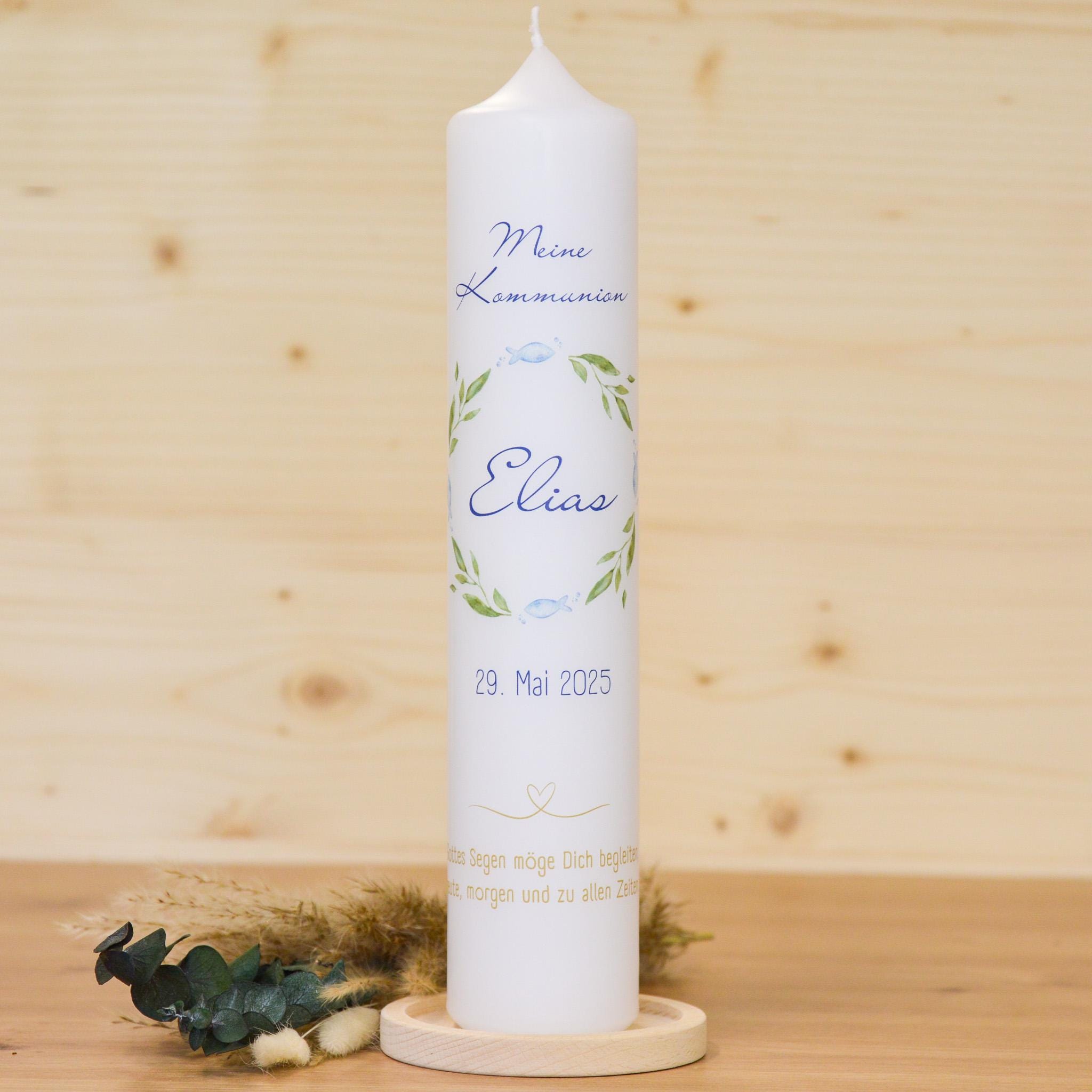 Personalisierte Kommunionkerze Fisch Elias – Mit Name, Datum & Spruch – Kerze zur Erstkommunion - Erstkommunion