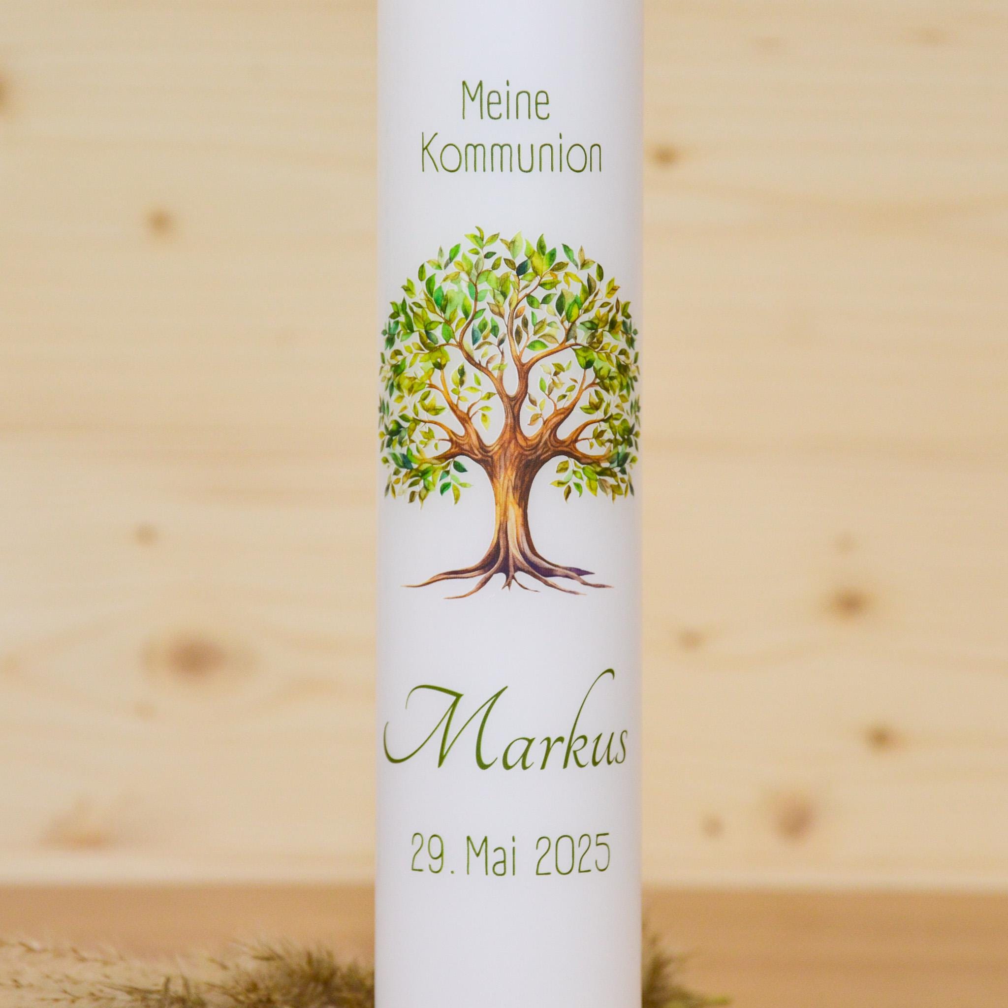 Personalisierte Kommunionkerze Lebensbaum Markus – Mit Name, Datum & Spruch – Kerze zur Erstkommunion - Erstkommunion