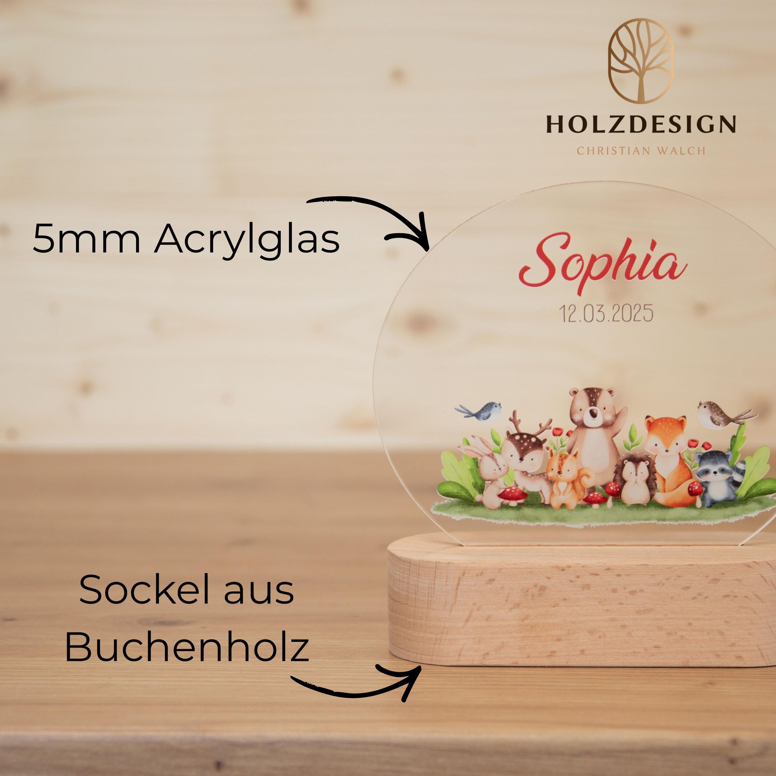 Personalisierte LED-Nachtlampe mit Engel aus Acryl mit Buchenholzsockel fürs Kinderzimmer, süßes Engelsmotiv für Kinder - Ideal zur Taufe
