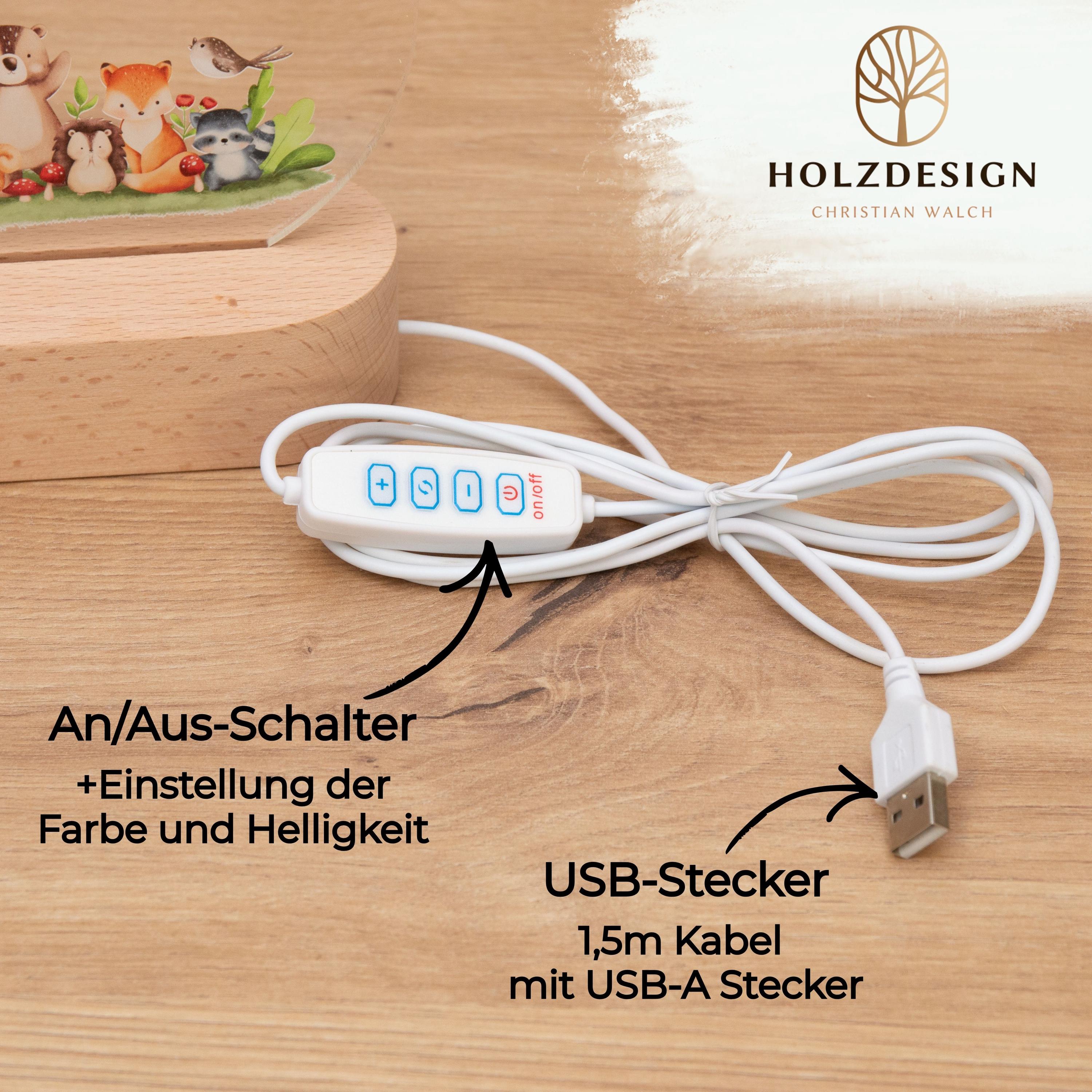 Personalisierte LED-Nachtlampe mit Engel aus Acryl mit Buchenholzsockel fürs Kinderzimmer, süßes Engelsmotiv für Kinder - Ideal zur Taufe