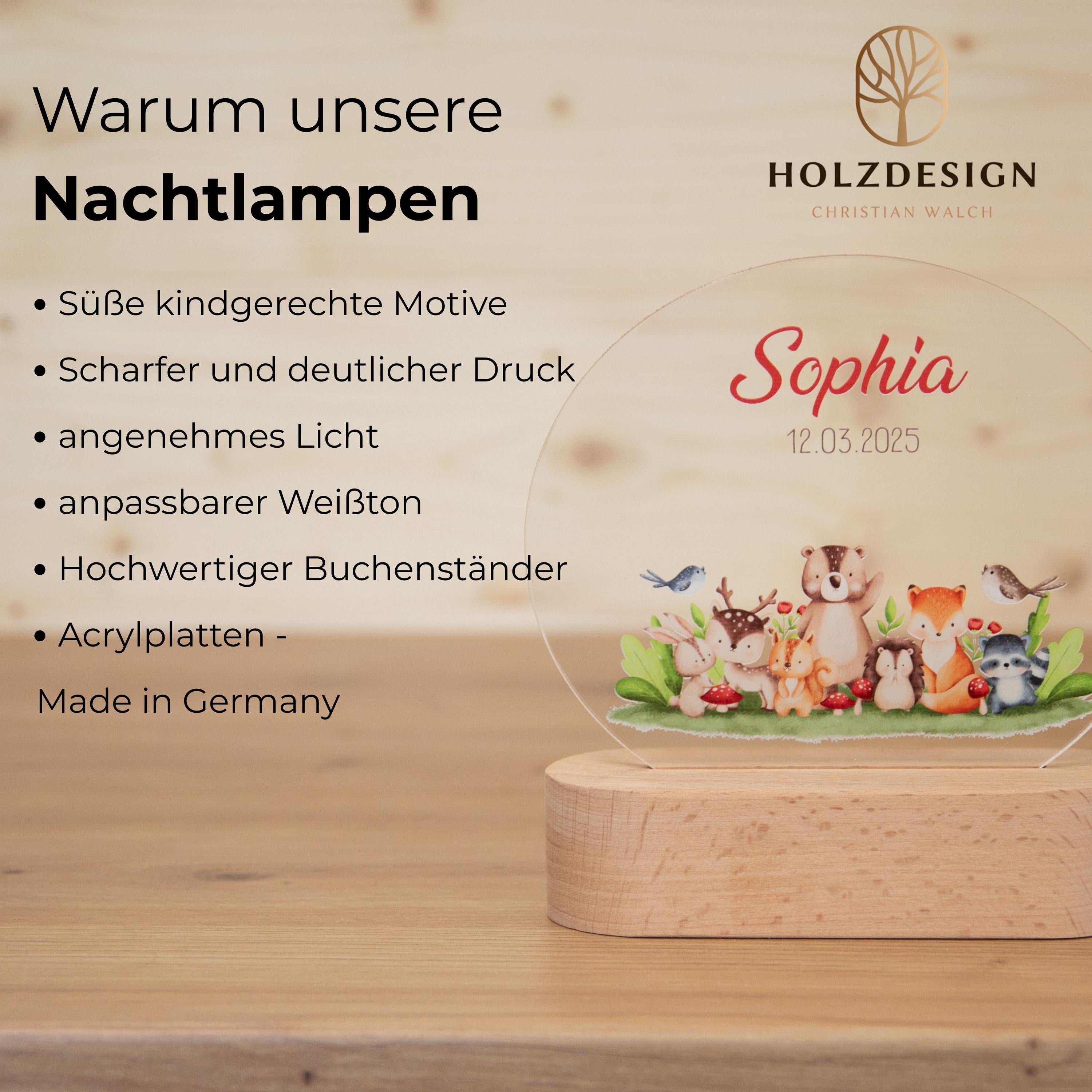 Personalisierte Arche-Noah LED-Nachtlampe aus Acryl mit Buchenholzsockel fürs Kinderzimmer