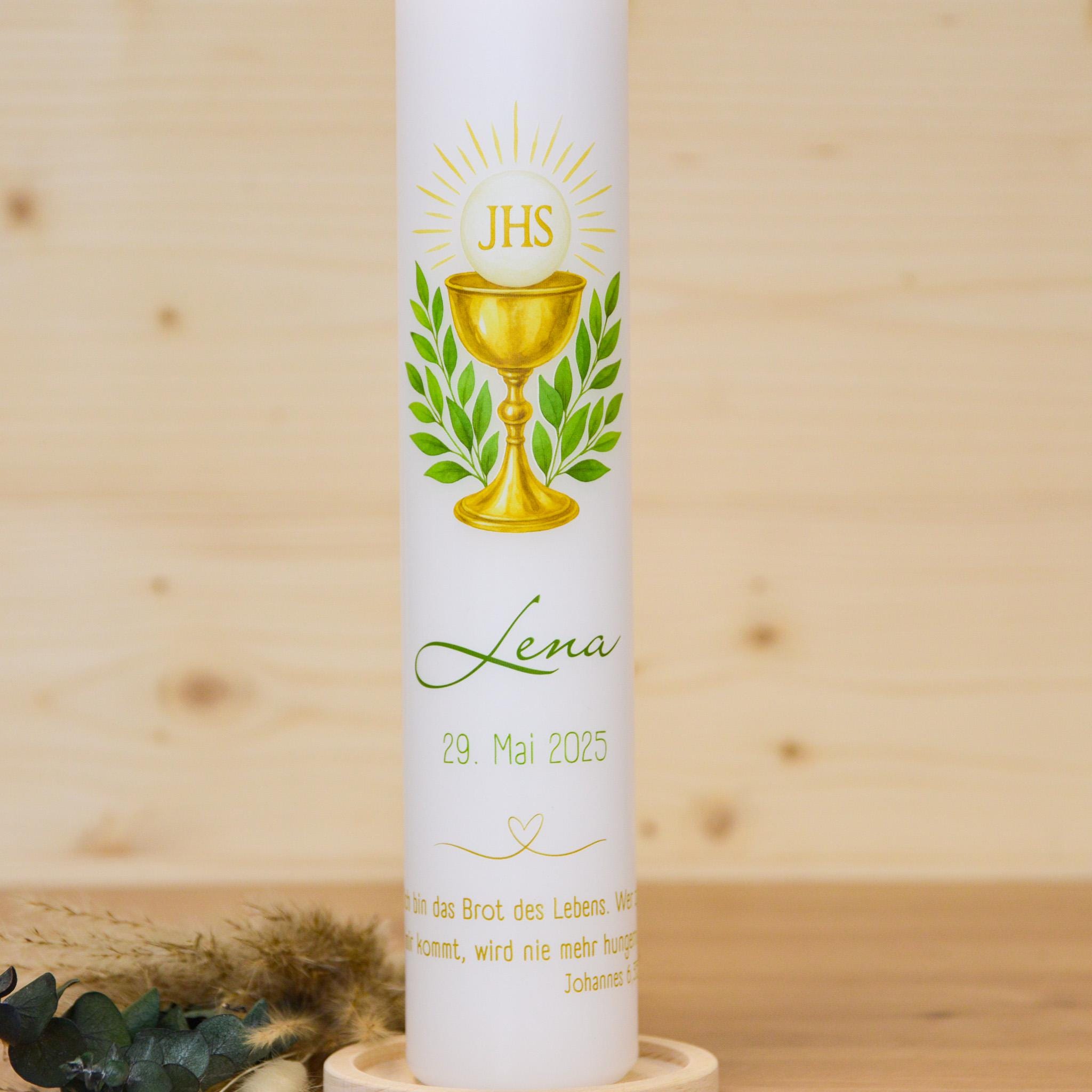 Personalisierte Kommunionkerze Kelch Lena – Mit Name, Datum & Spruch – Kerze zur Erstkommunion - Erstkommunion