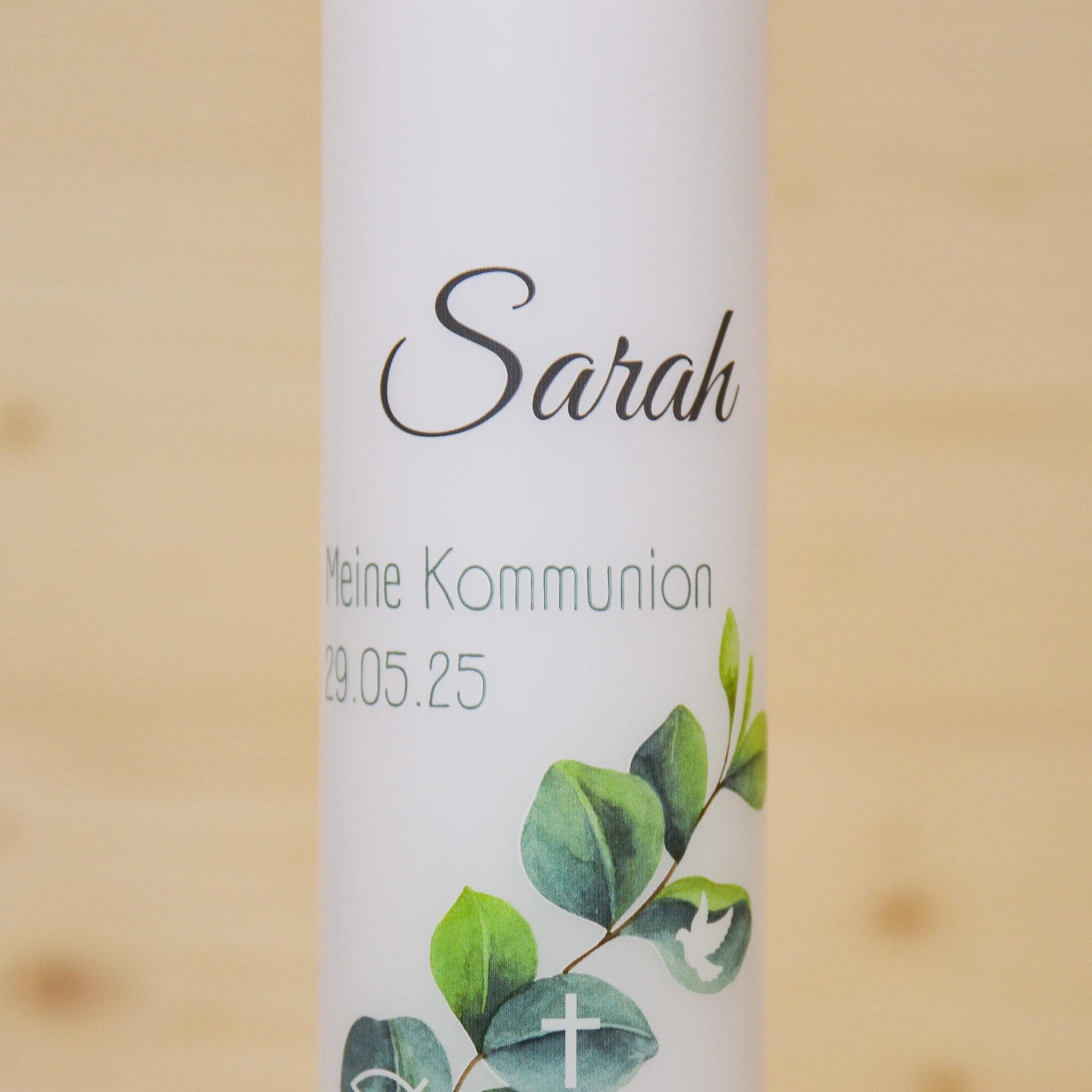 Personalisierte Kommunionkerze Eukalyptus Sarah – Mit Name, Datum & Spruch – Kerze zur Erstkommunion - Erstkommunion