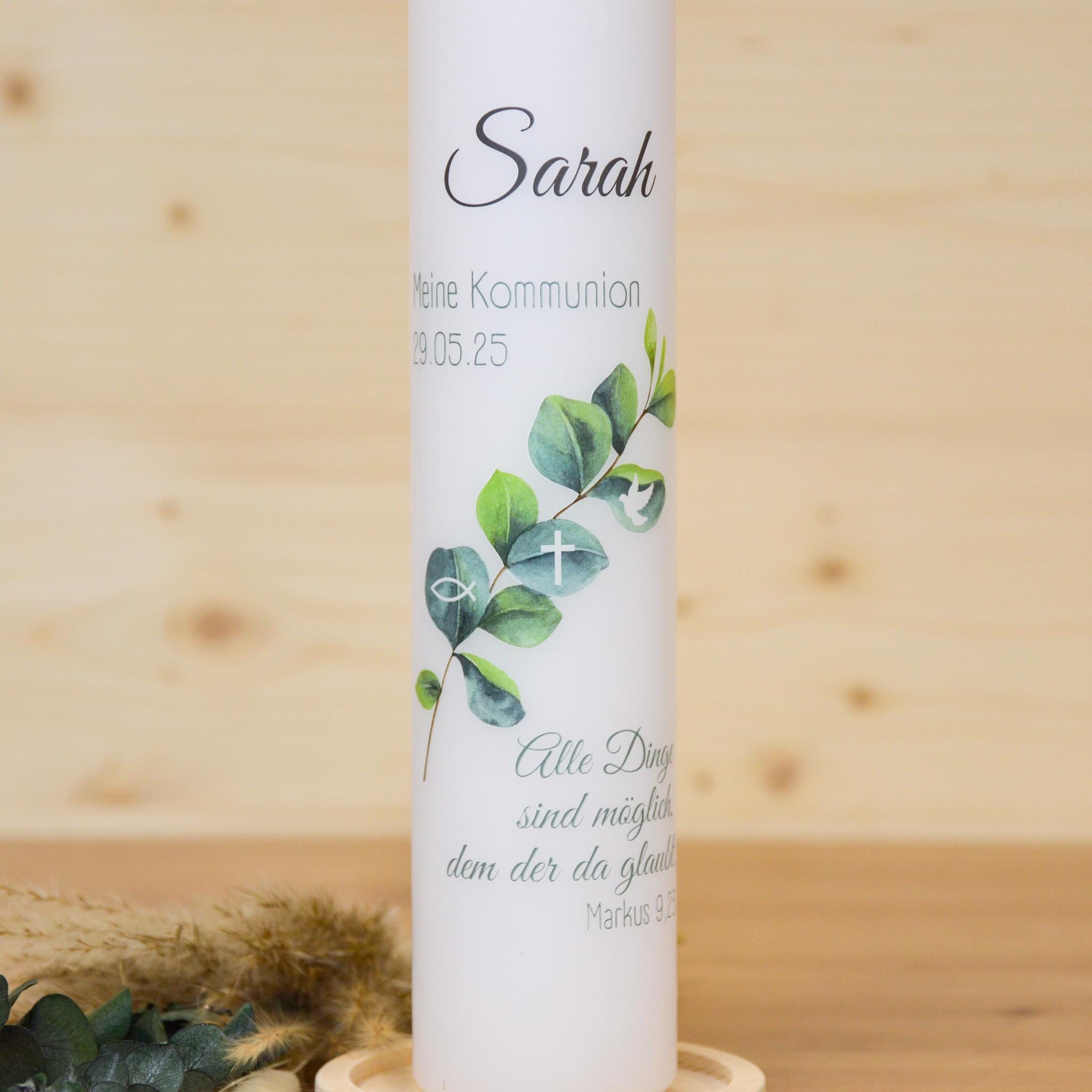 Personalisierte Kommunionkerze Eukalyptus Sarah – Mit Name, Datum & Spruch – Kerze zur Erstkommunion - Erstkommunion