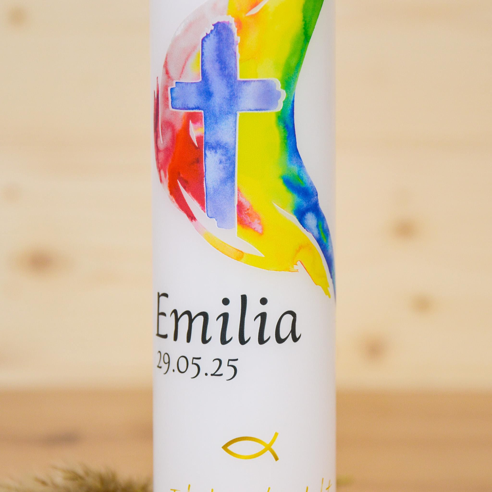 Personalisierte Kommunionkerze Regenbogen Kreuz Emilia – Mit Name, Datum & Spruch – Kerze zur Erstkommunion - Erstkommunion