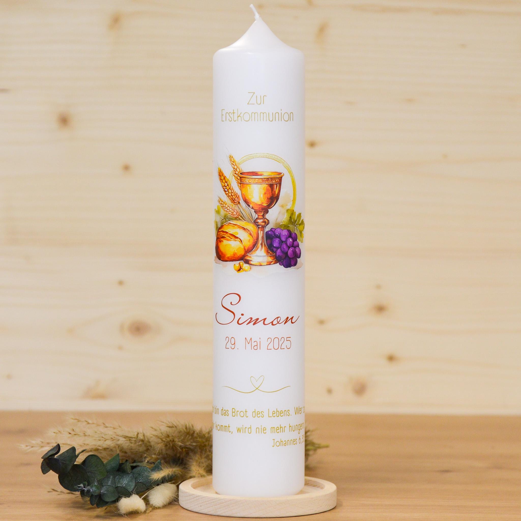 Personalisierte Kommunionkerze Brot und Wein Simon – Mit Name, Datum & Spruch – Kerze zur Erstkommunion - Erstkommunion