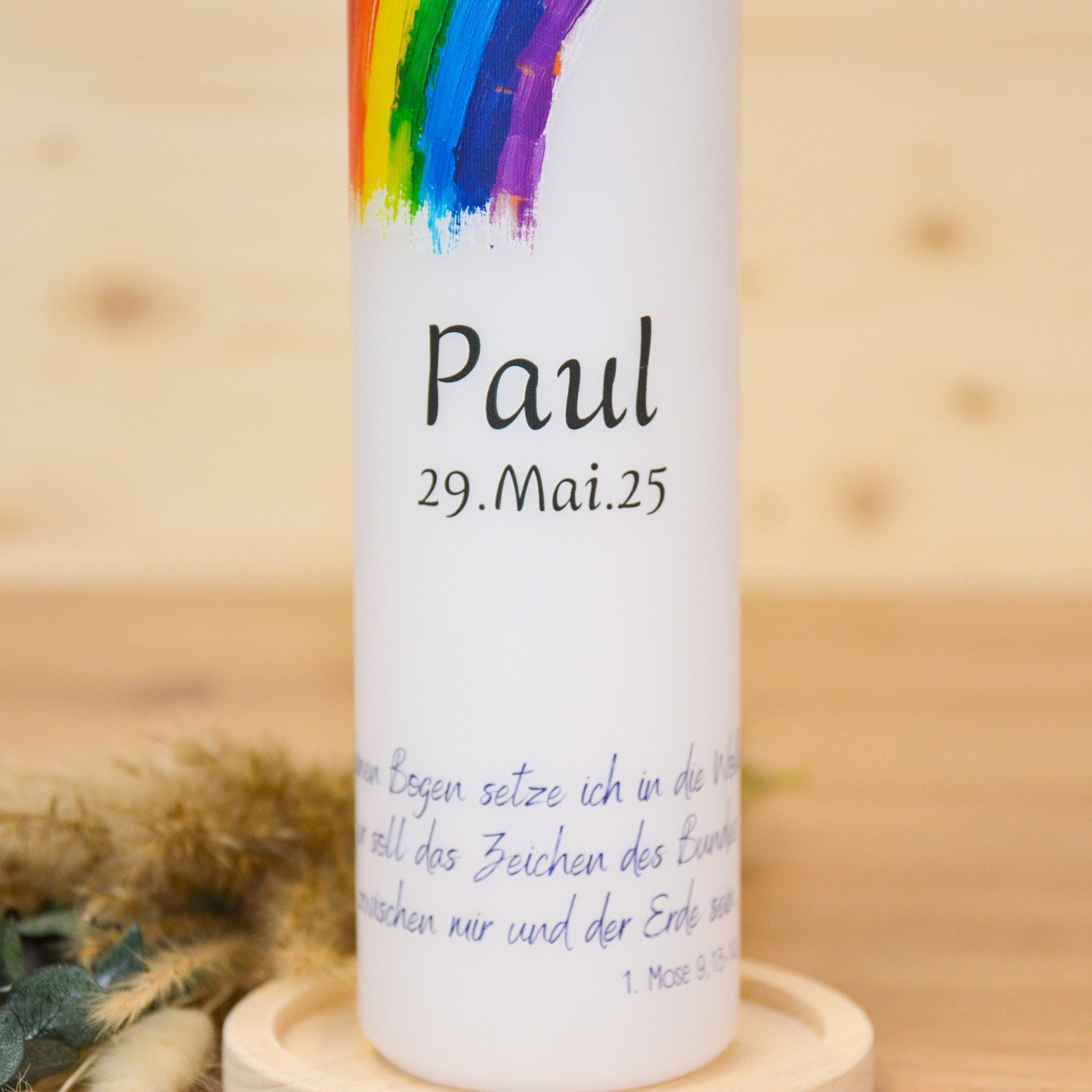 Personalisierte Kommunionkerze Regenbogen Kreuz Paul – Mit Name, Datum & Spruch – Kerze zur Erstkommunion - Erstkommunion