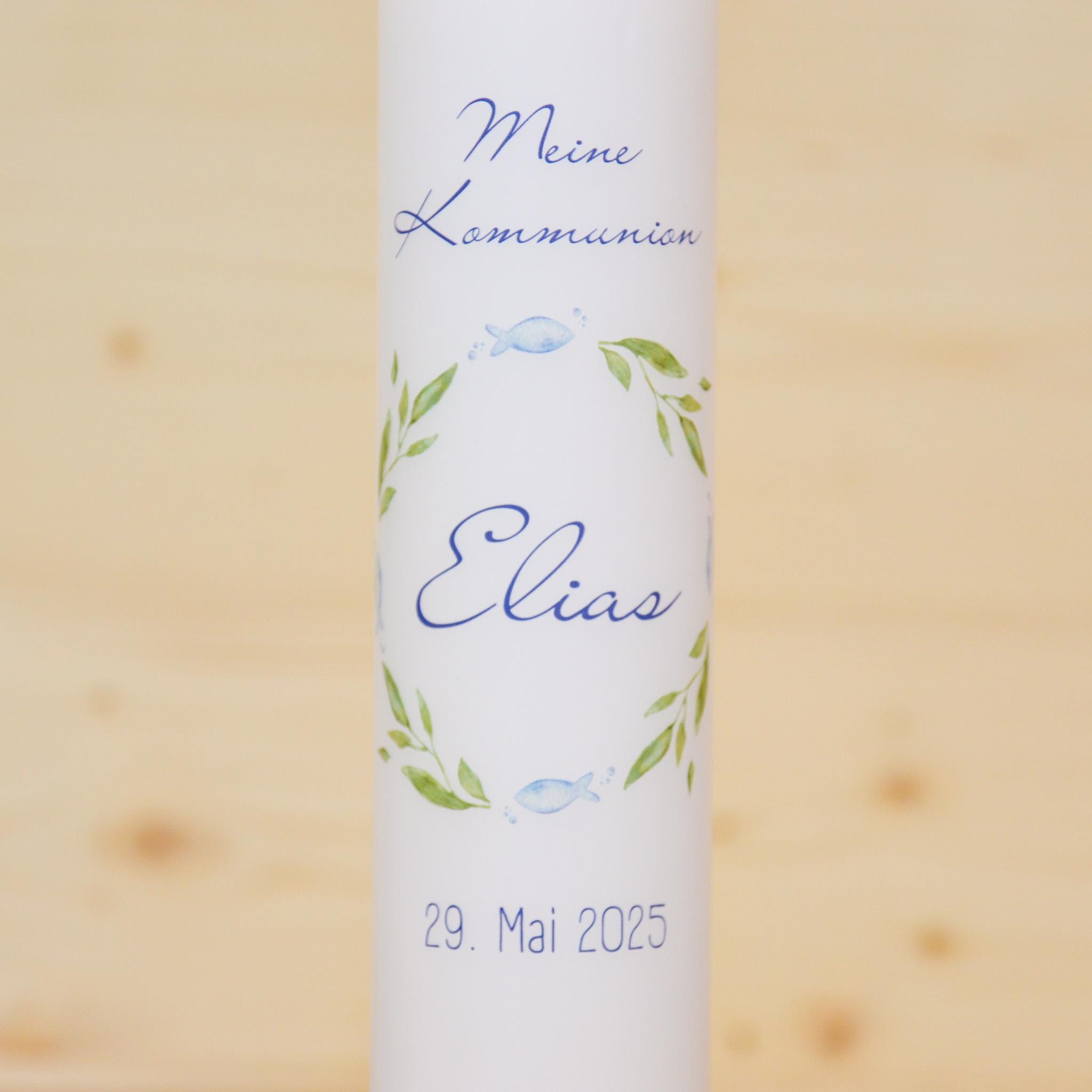 Personalisierte Kommunionkerze Fisch Elias – Mit Name, Datum & Spruch – Kerze zur Erstkommunion - Erstkommunion