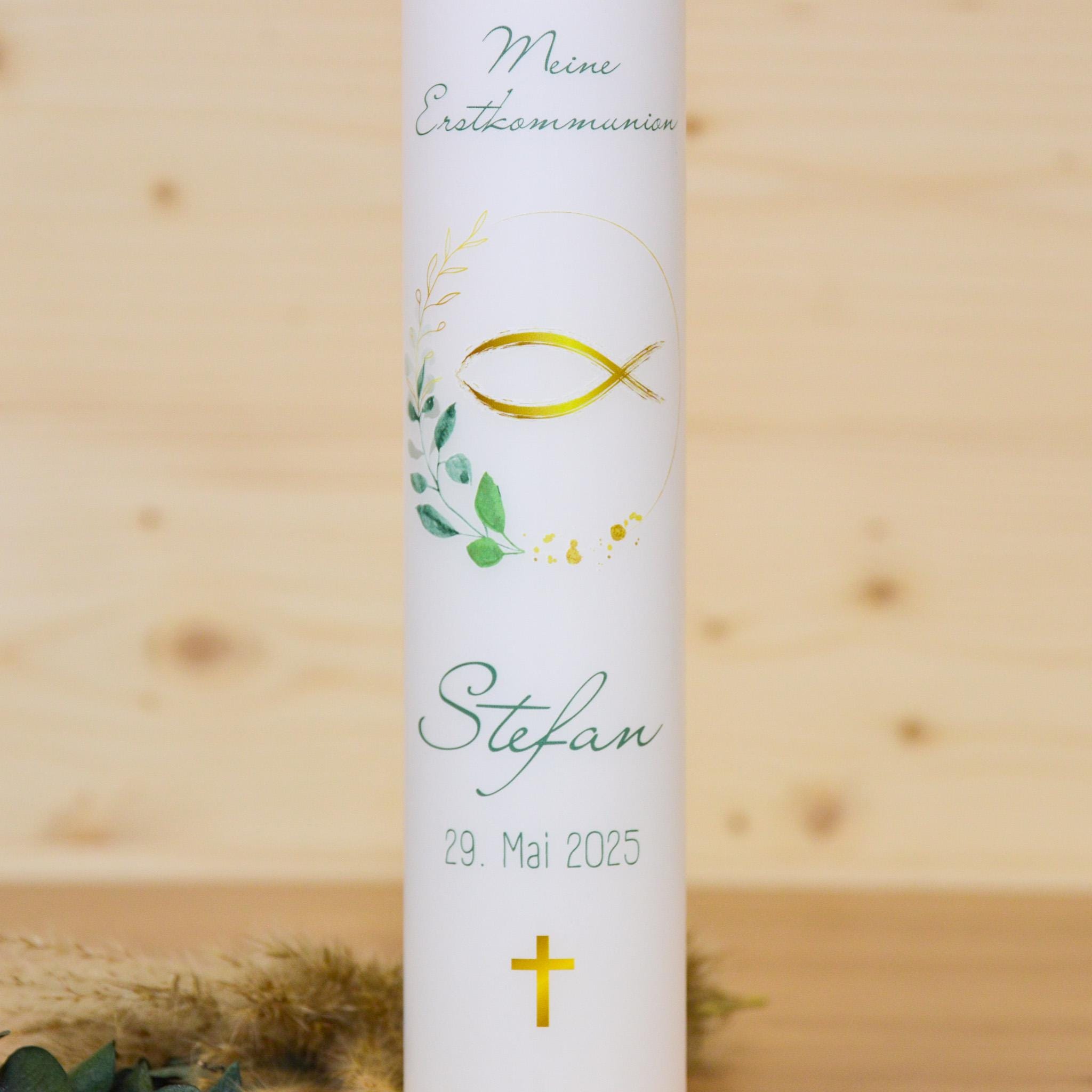 Personalisierte Kommunionkerze Fisch Stefan – Mit Name, Datum & Spruch – Kerze zur Erstkommunion - Erstkommunion