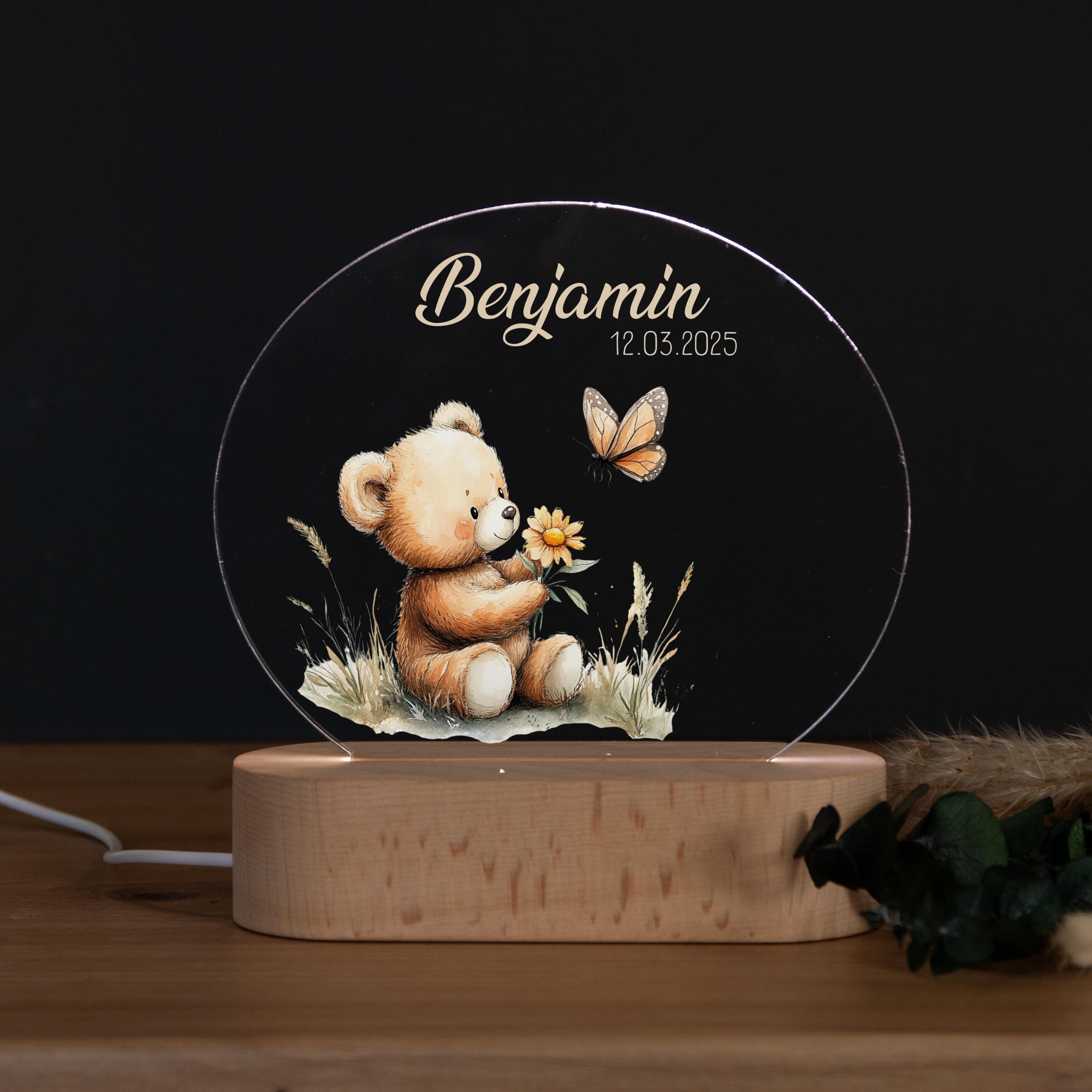 Personalisierte Nachtlampe Bär Schmetterling, Babygeschenk Geburt, Geschenk zur Geburt, Taufgeschenk, Geburtstagsgeschenk, Nachtlicht Kinder