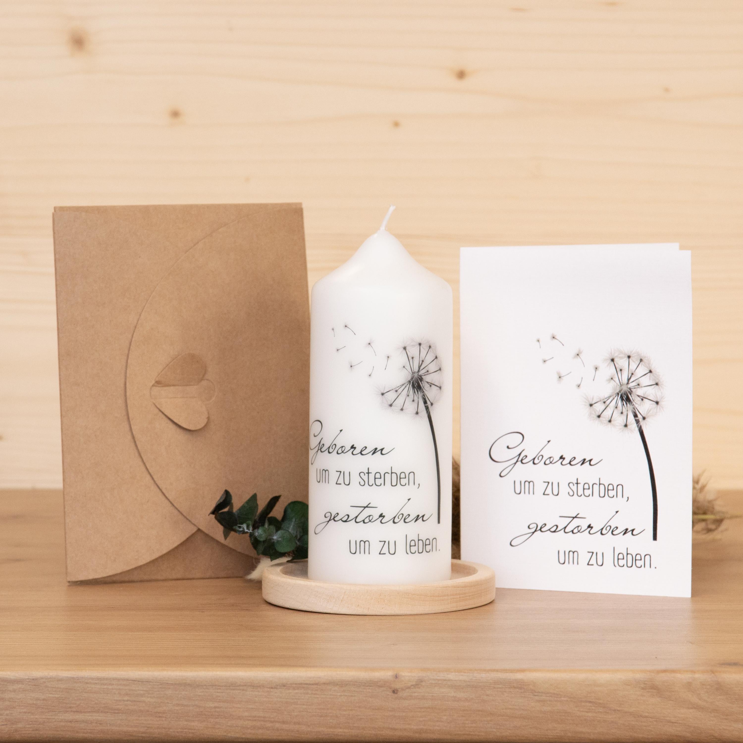 Trauerkerze - Geboren um zu sterben - Geschenkset mit Kerze, Grußkarte und Kuvert, Gedenklicht, Geschenk für Trauernde, Trauergeschenk