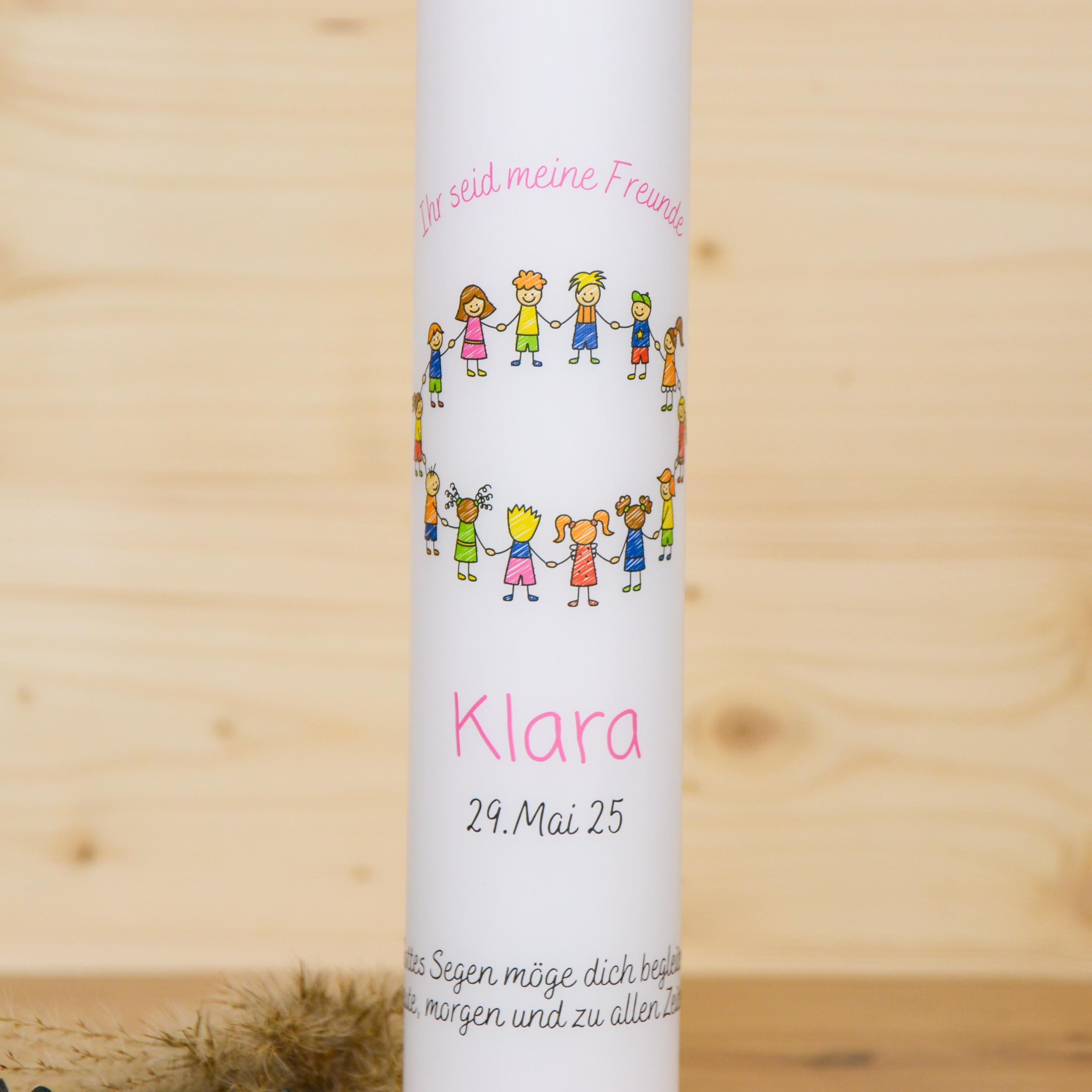 Personalisierte Kommunionkerze 2026 Klara - Ihr seid meine Freunde – Mit Name, Datum & Spruch – Kerze Erstkommunion - Erstkommunion 2026