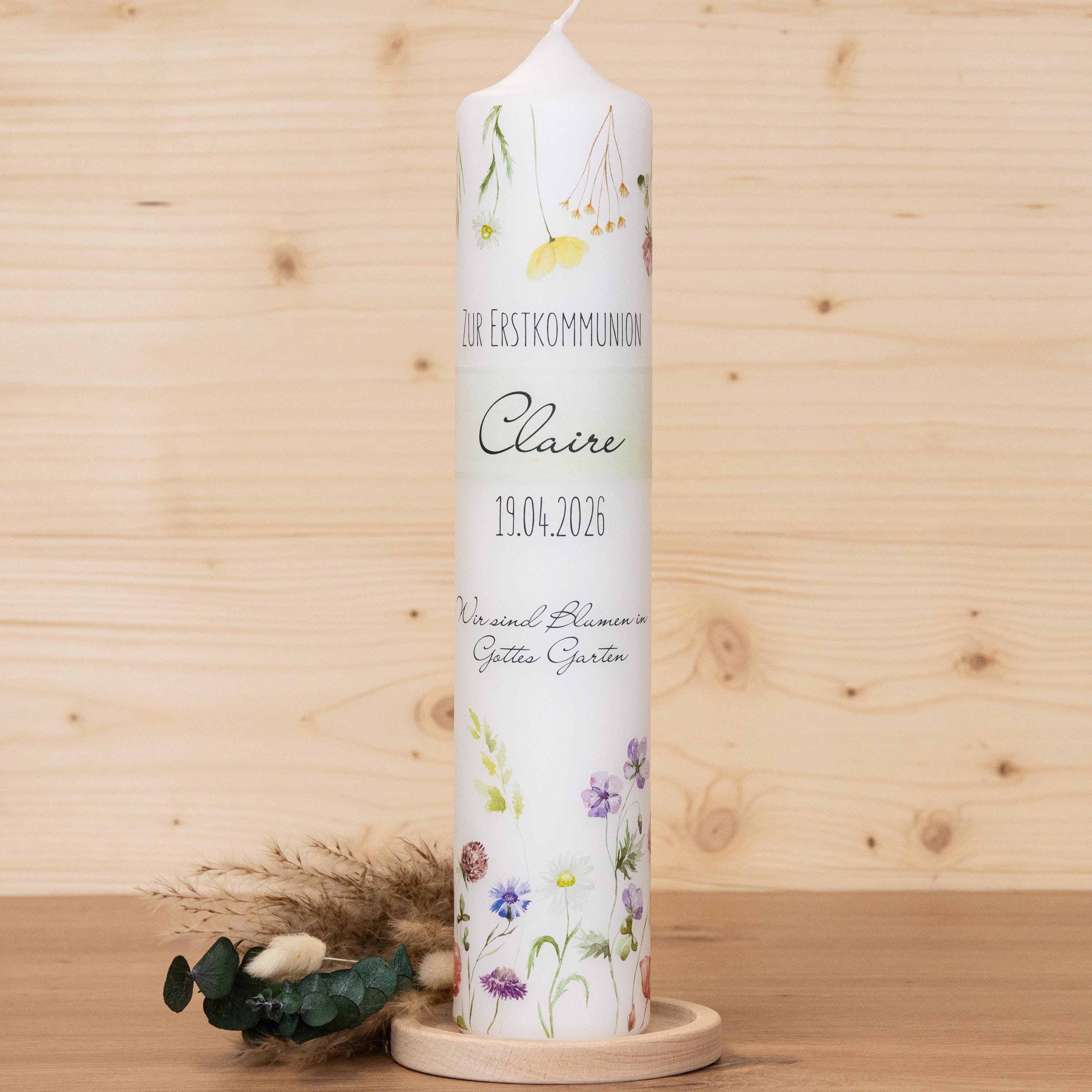 Personalisierte Kommunionkerze Blumenwiese - Claire – Mit Name, Datum & Spruch – Kerze zur Erstkommunion - Erstkommunion
