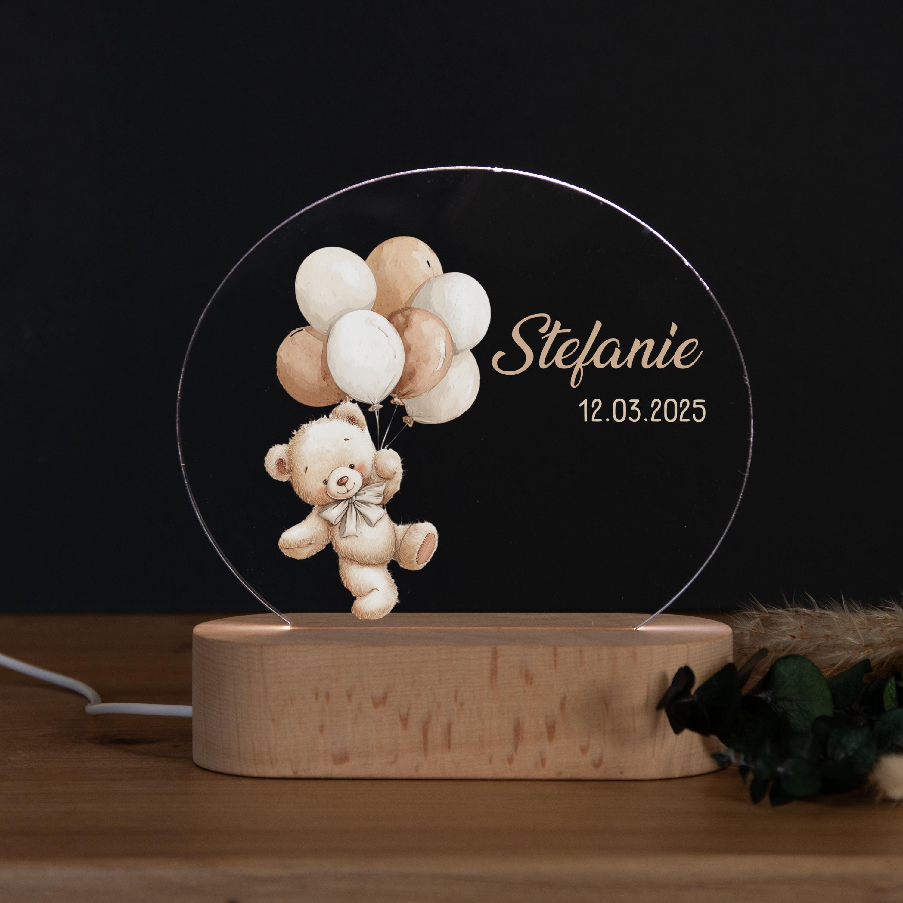 Personalisierte Nachtlampe Bär Luftballons, Babygeschenk Geburt, Geschenk zur Geburt, Taufgeschenk, Geburtstagsgeschenk, Nachtlicht Kinder