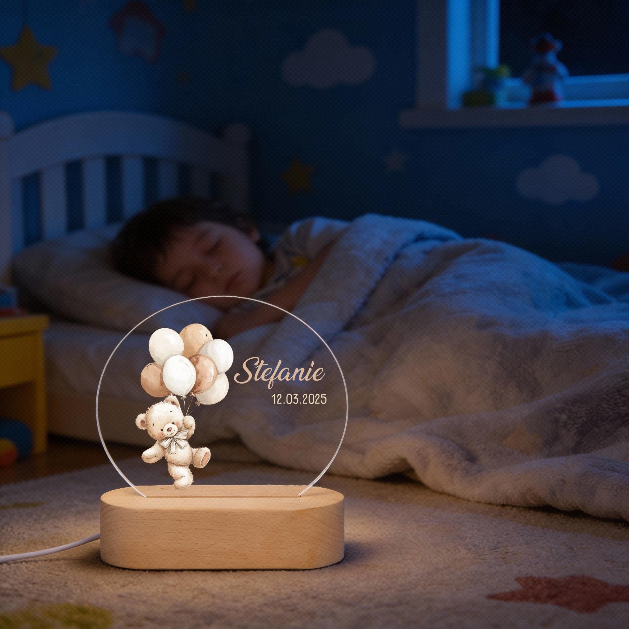 Personalisierte Nachtlampe Bär Luftballons, Babygeschenk Geburt, Geschenk zur Geburt, Taufgeschenk, Geburtstagsgeschenk, Nachtlicht Kinder