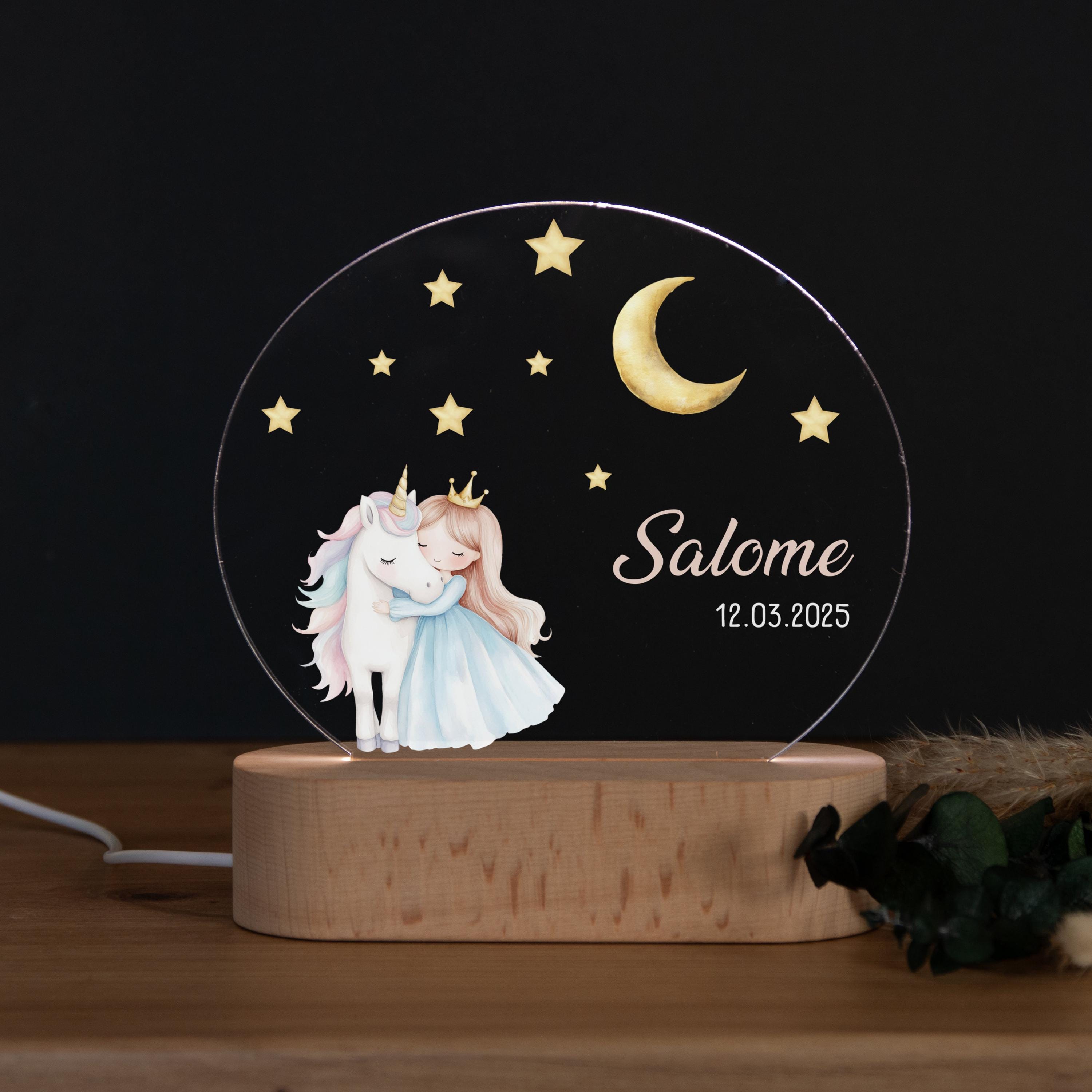 Personalisierte Nachtlampe Einhorn Prinzessin, Babygeschenk Geburt, Geschenk zur Geburt, Taufgeschenk, Geburtstagsgeschenk, Nachtlicht Kind