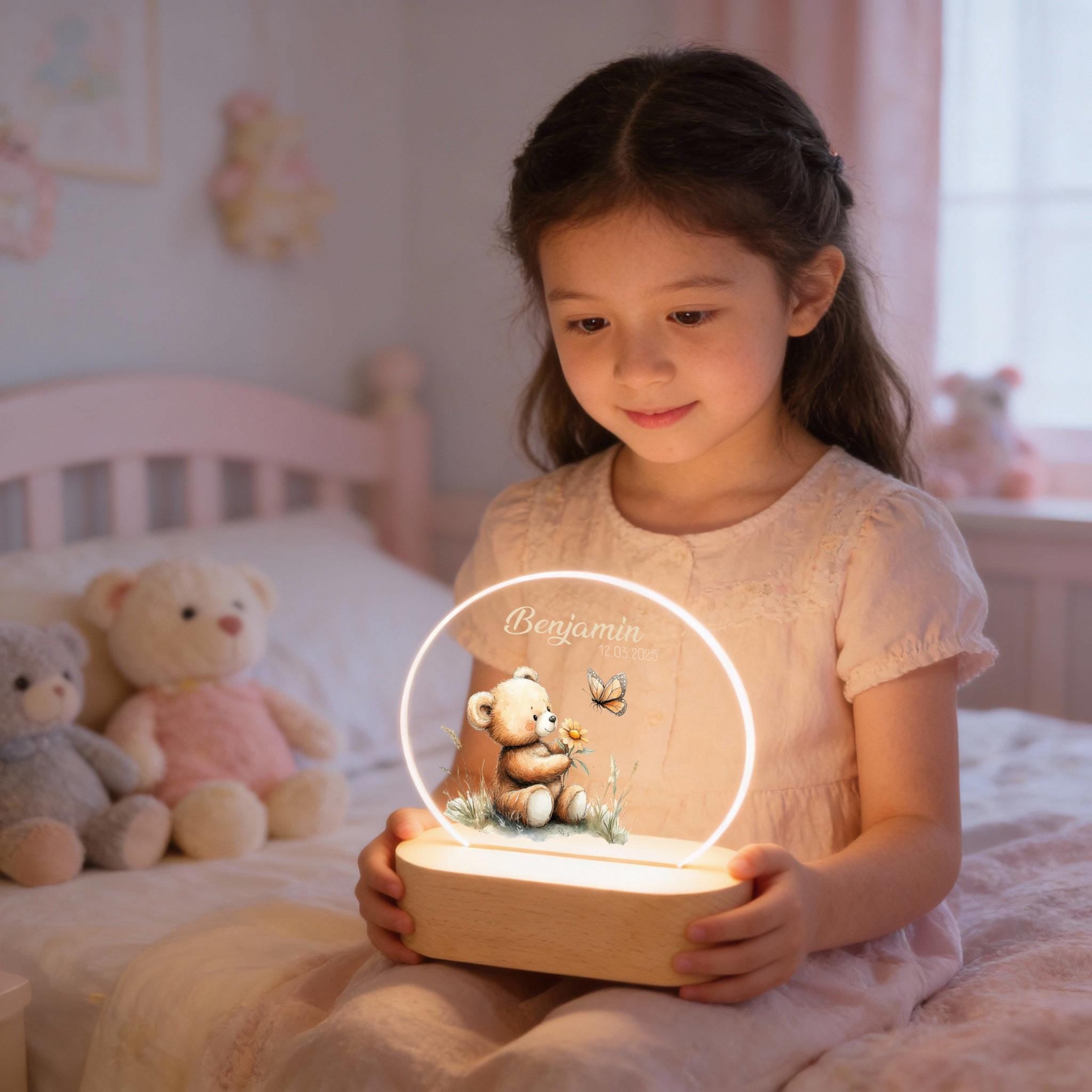 Personalisierte Nachtlampe Bär Schmetterling, Babygeschenk Geburt, Geschenk zur Geburt, Taufgeschenk, Geburtstagsgeschenk, Nachtlicht Kinder