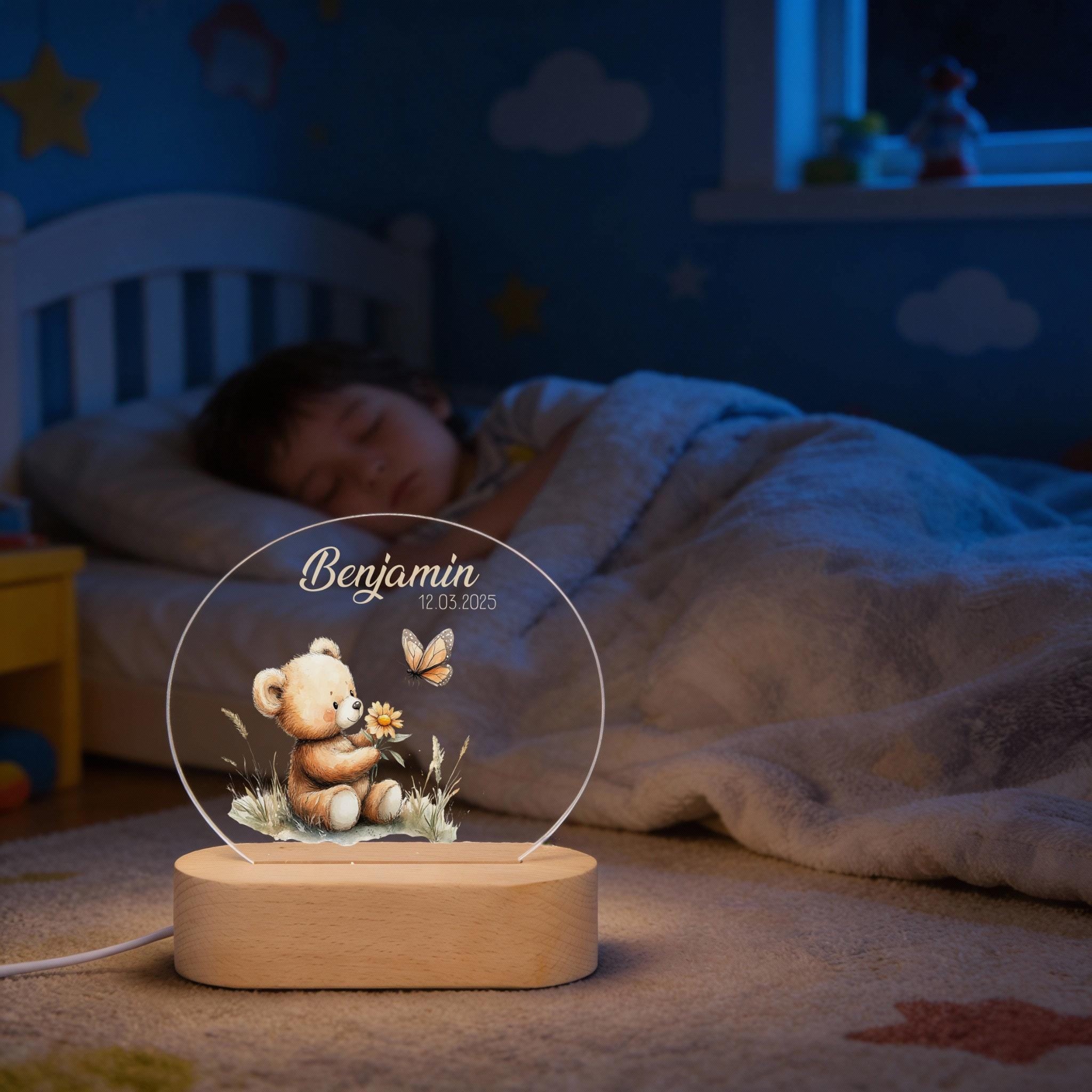 Personalisierte Nachtlampe Bär Schmetterling, Babygeschenk Geburt, Geschenk zur Geburt, Taufgeschenk, Geburtstagsgeschenk, Nachtlicht Kinder
