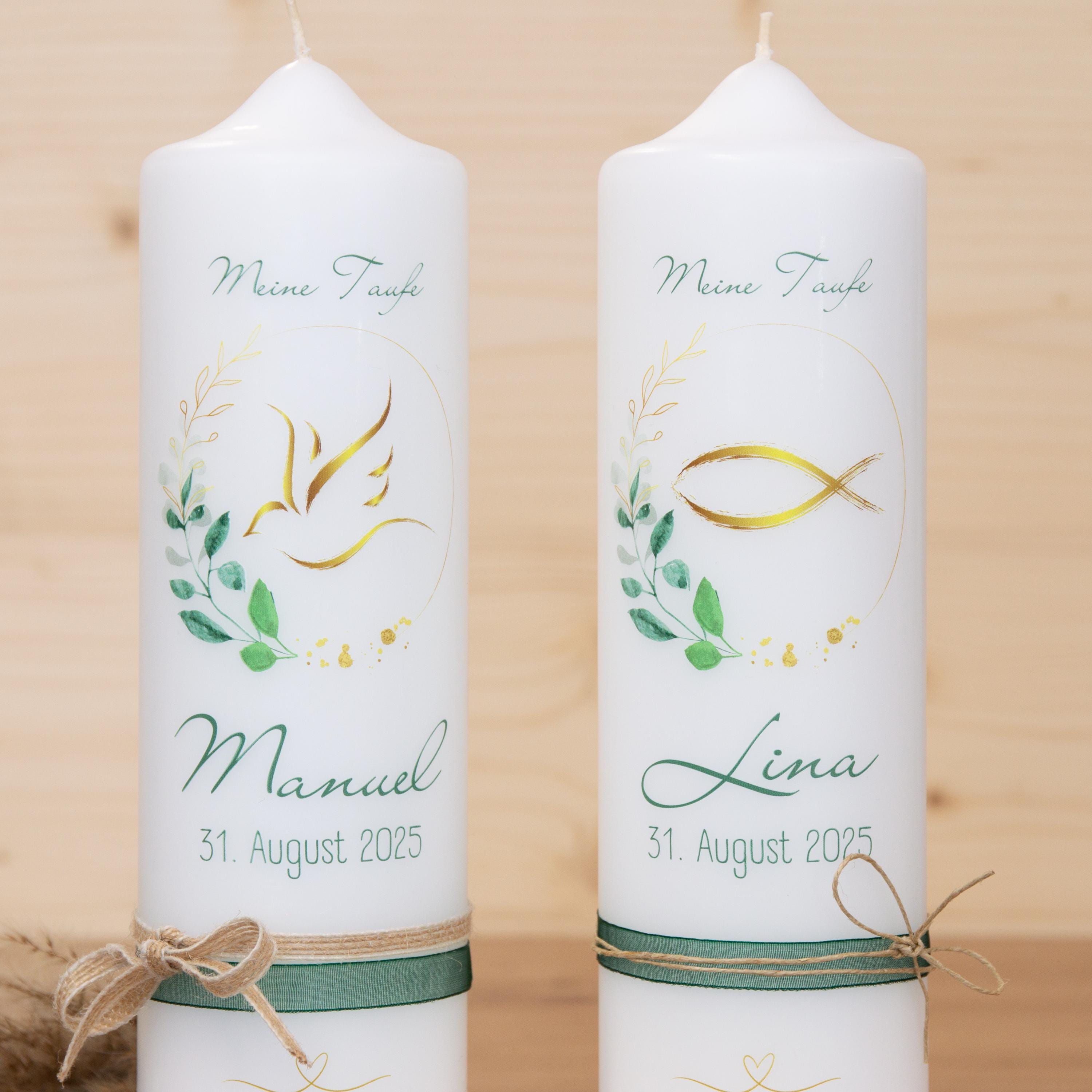 personalisierte Taufkerze - mit Fisch oder Taube als Motiv - Gratis Bänder ! - Geschenk zur Taufe - Taufe, Kerze zur Taufe, Taufkerze