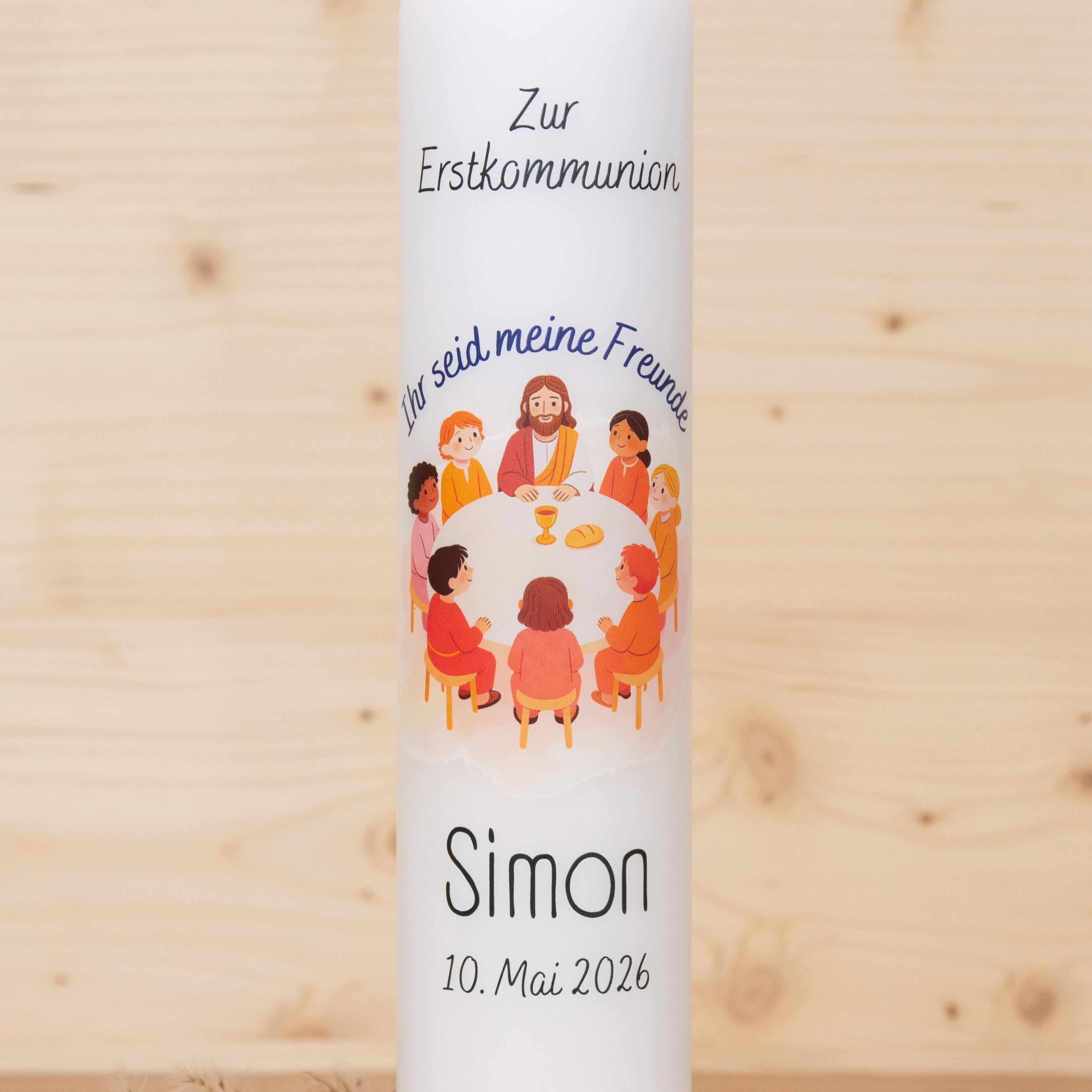 Personalisierte Kommunionkerze 2026 Simon - Ihr seid meine Freunde – Mit Name, Datum & Spruch – Kerze Erstkommunion - Erstkommunion 2026