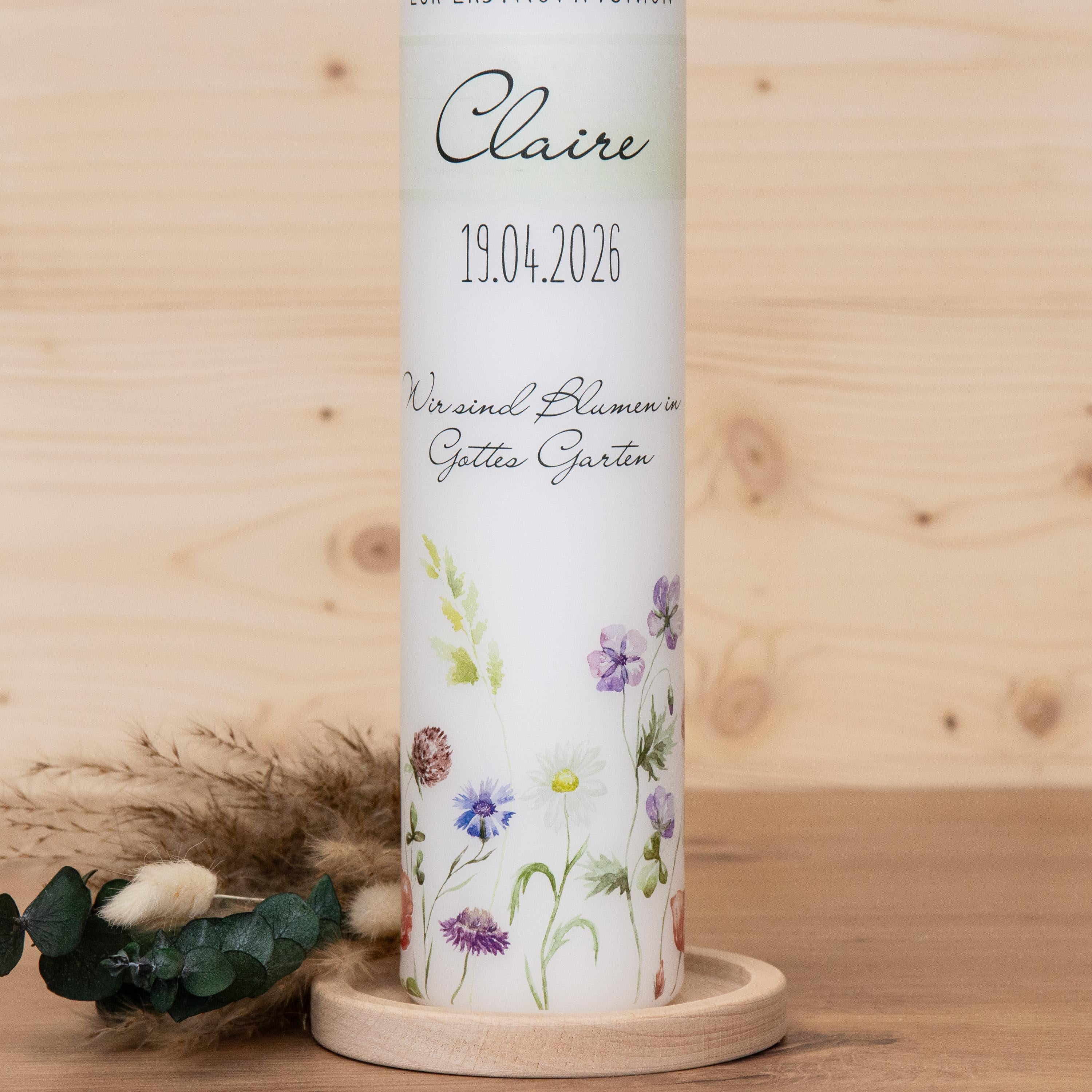 Personalisierte Kommunionkerze Blumenwiese - Claire – Mit Name, Datum & Spruch – Kerze zur Erstkommunion - Erstkommunion