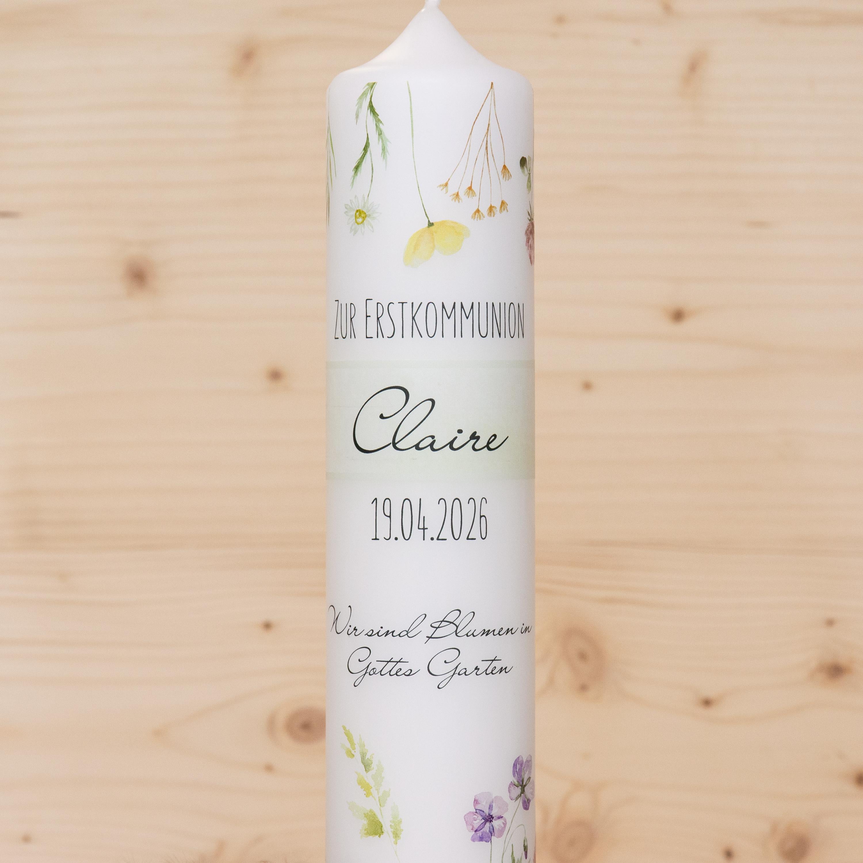 Personalisierte Kommunionkerze Blumenwiese - Claire – Mit Name, Datum & Spruch – Kerze zur Erstkommunion - Erstkommunion