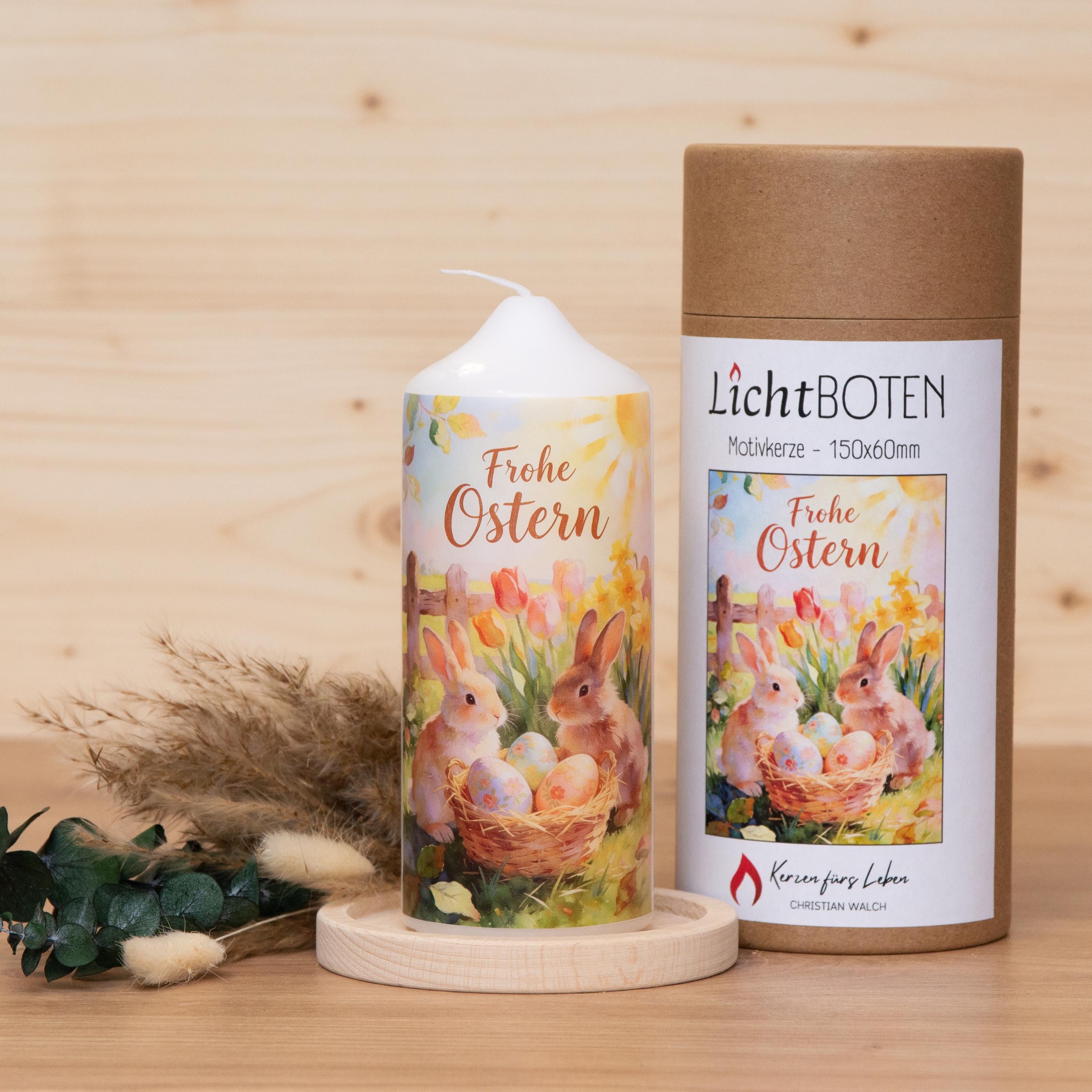 Osterkerze mit zwei Osterhasen | Osternest | Kerze mit Ostermotiv | Kerze Osterhase | Geschenkkerze | Geschenkset | 150x60mm