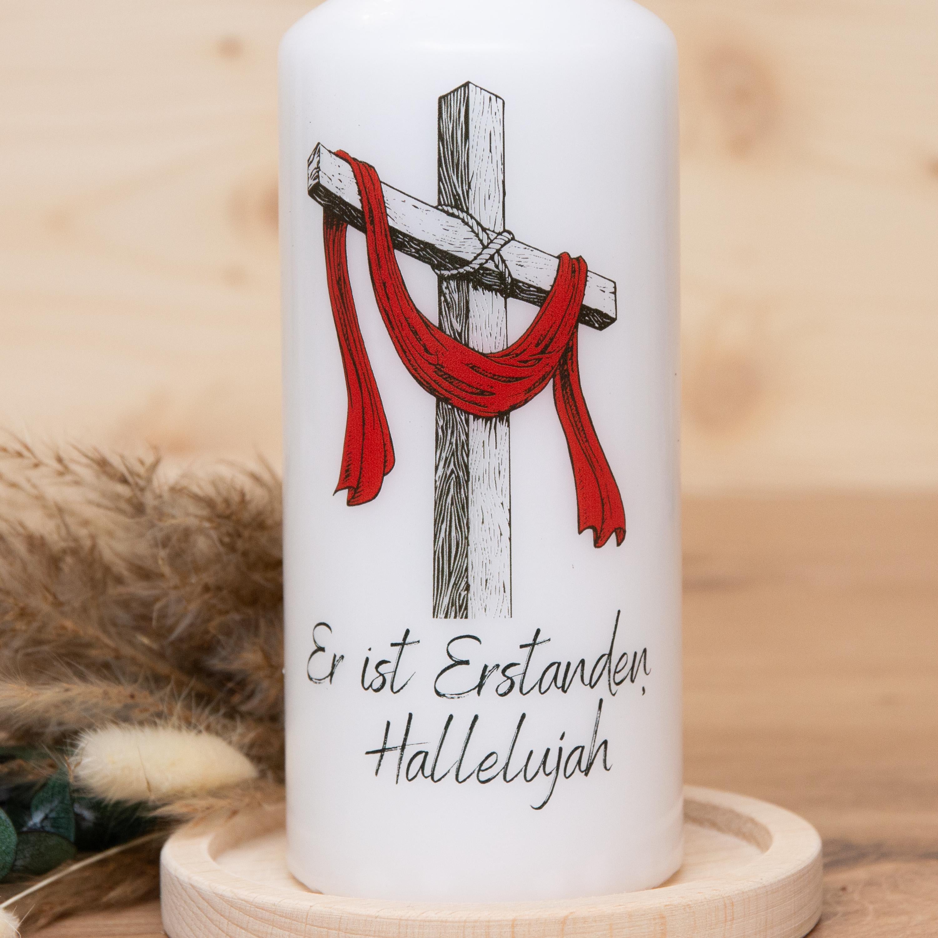 Osterkerze Er ist Erstanden, Hallelujah | Osterkreuz | Kerze mit Ostermotiv | Kerze Kreuz | Geschenkkerze | Geschenkset | 150x60mm