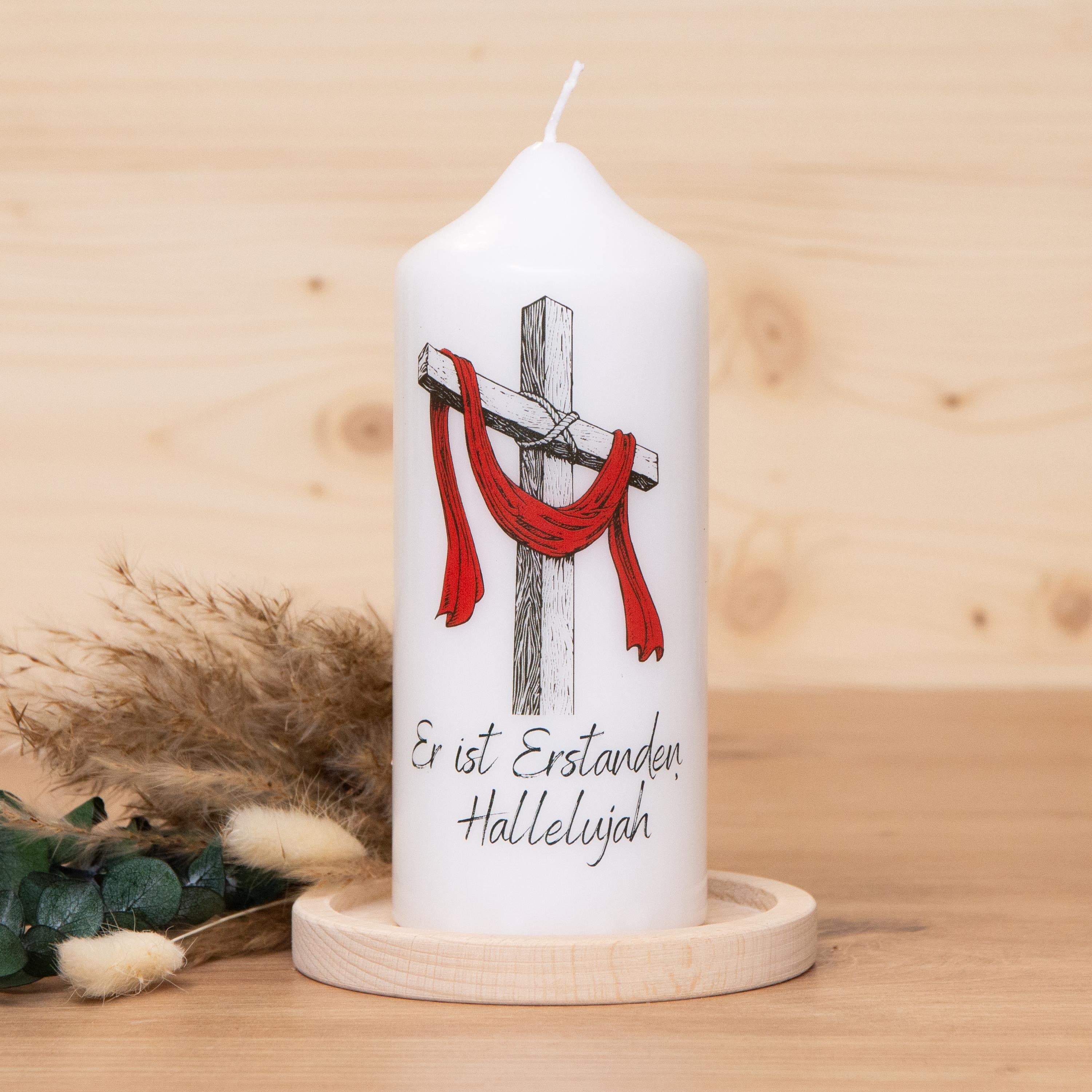 Osterkerze Er ist Erstanden, Hallelujah | Osterkreuz | Kerze mit Ostermotiv | Kerze Kreuz | Geschenkkerze | Geschenkset | 150x60mm