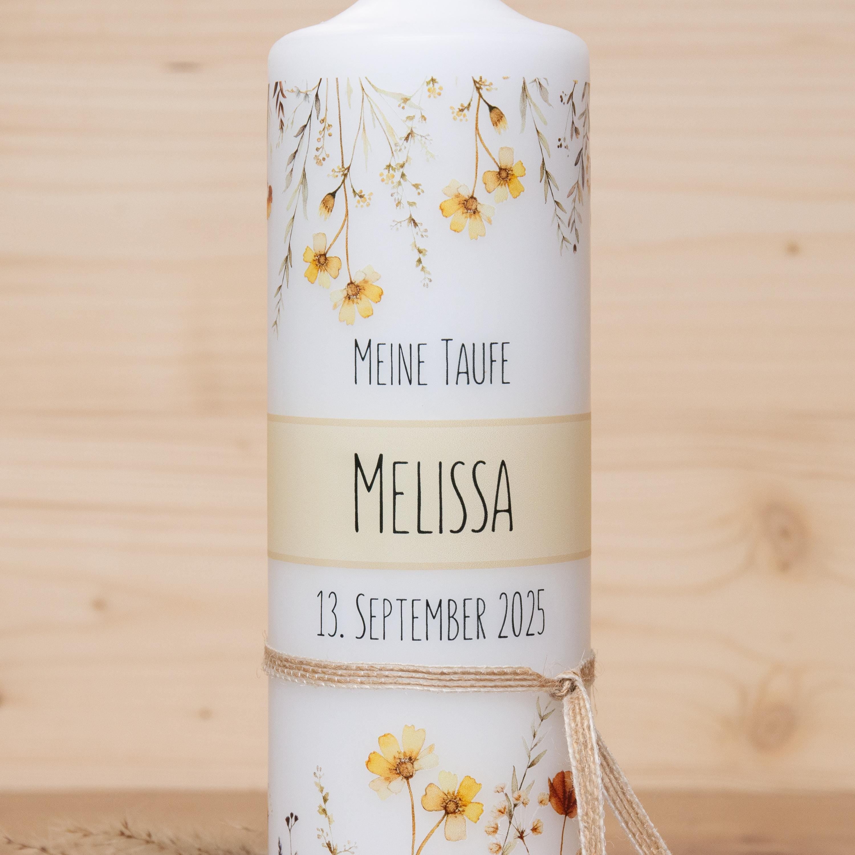 personalisierte Taufkerze Blumenwiese - Melissa - Wildblumen - Für die Taufe, Kerze zur Taufe, Taufkerze, Personalisierte Taufkerze - Band