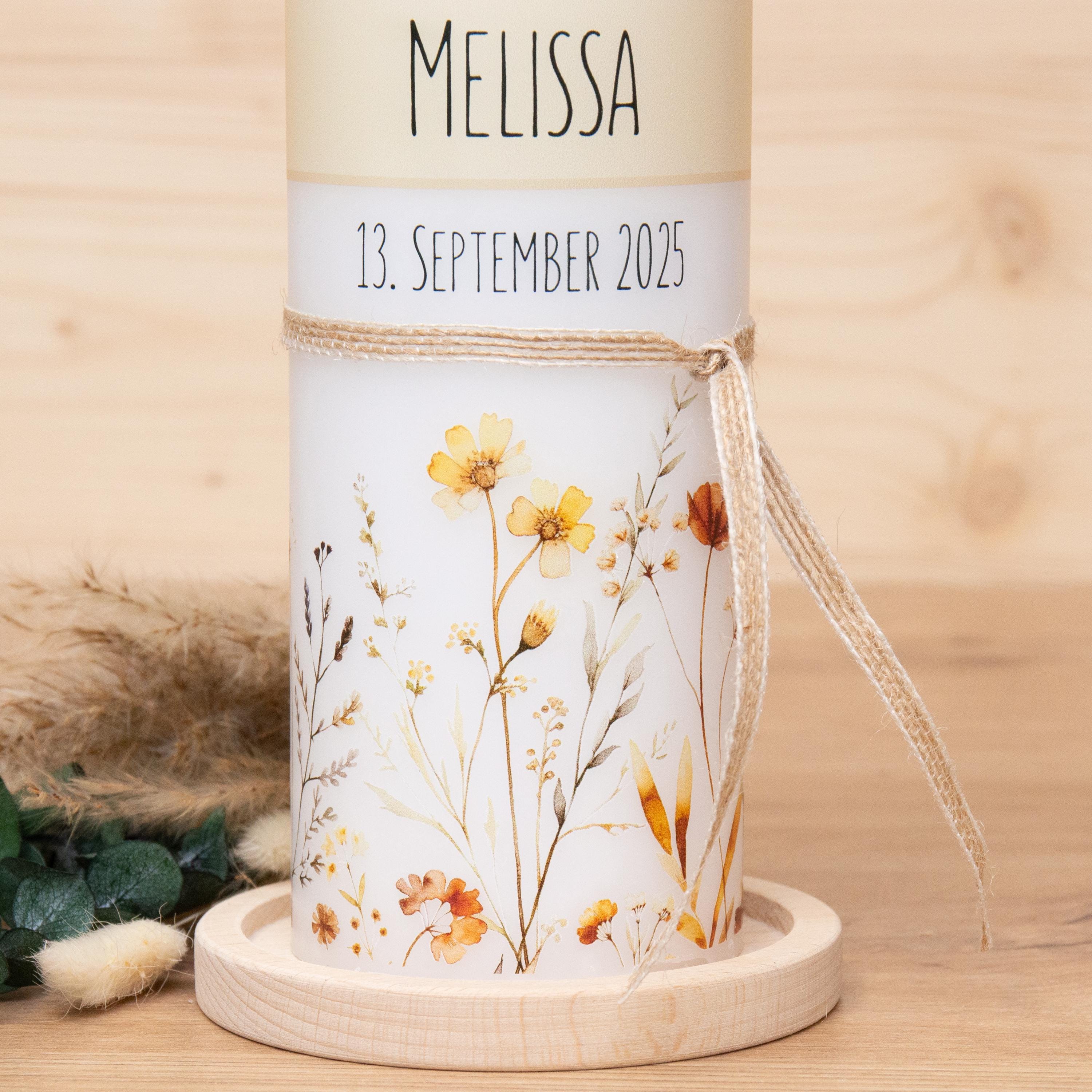 personalisierte Taufkerze Blumenwiese - Melissa - Wildblumen - Für die Taufe, Kerze zur Taufe, Taufkerze, Personalisierte Taufkerze - Band
