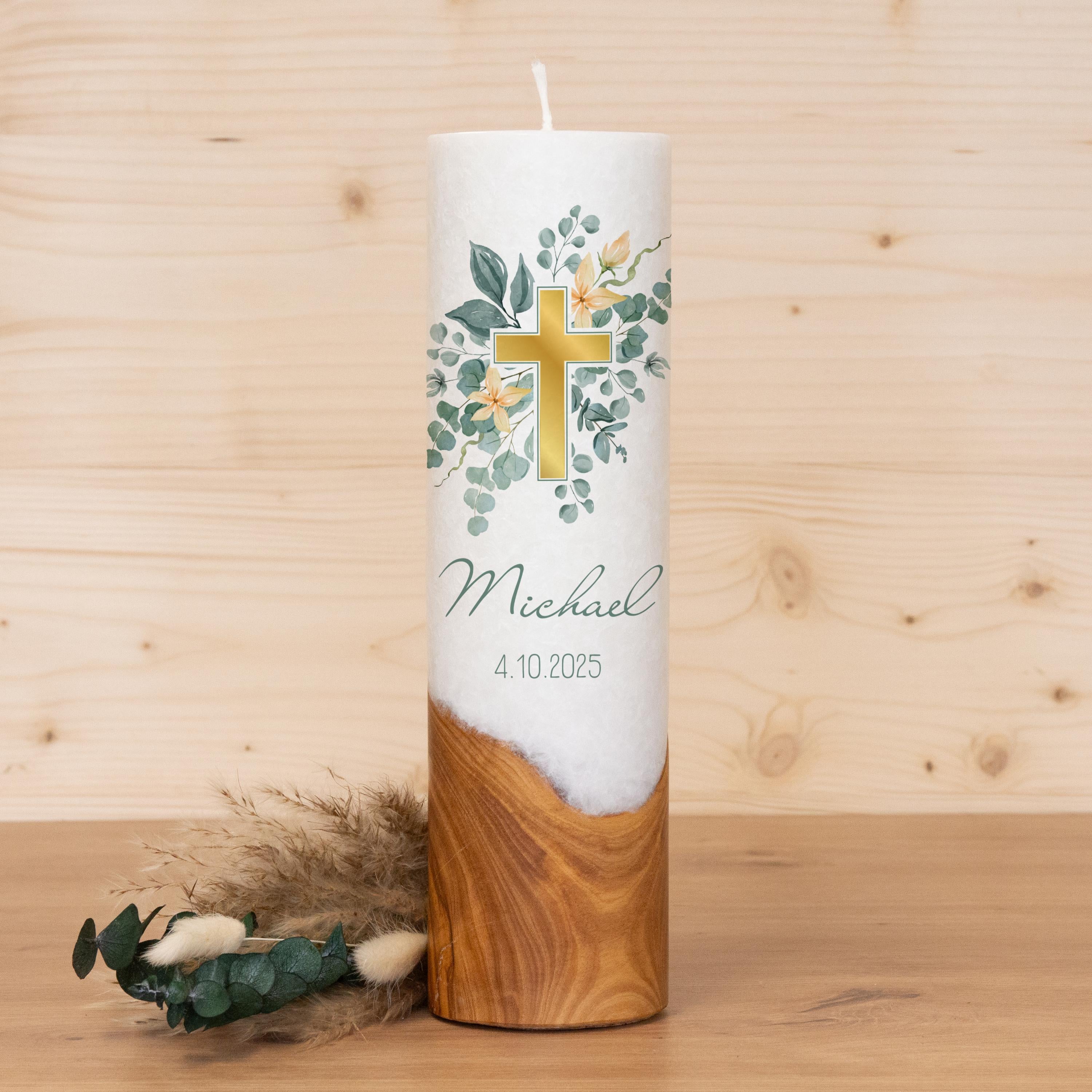 Taufkerze mit Holz - goldenes Kreuz Michael - individuelle Fertigung - Für die Taufe - Geschenk zur Taufe - Holzkerze