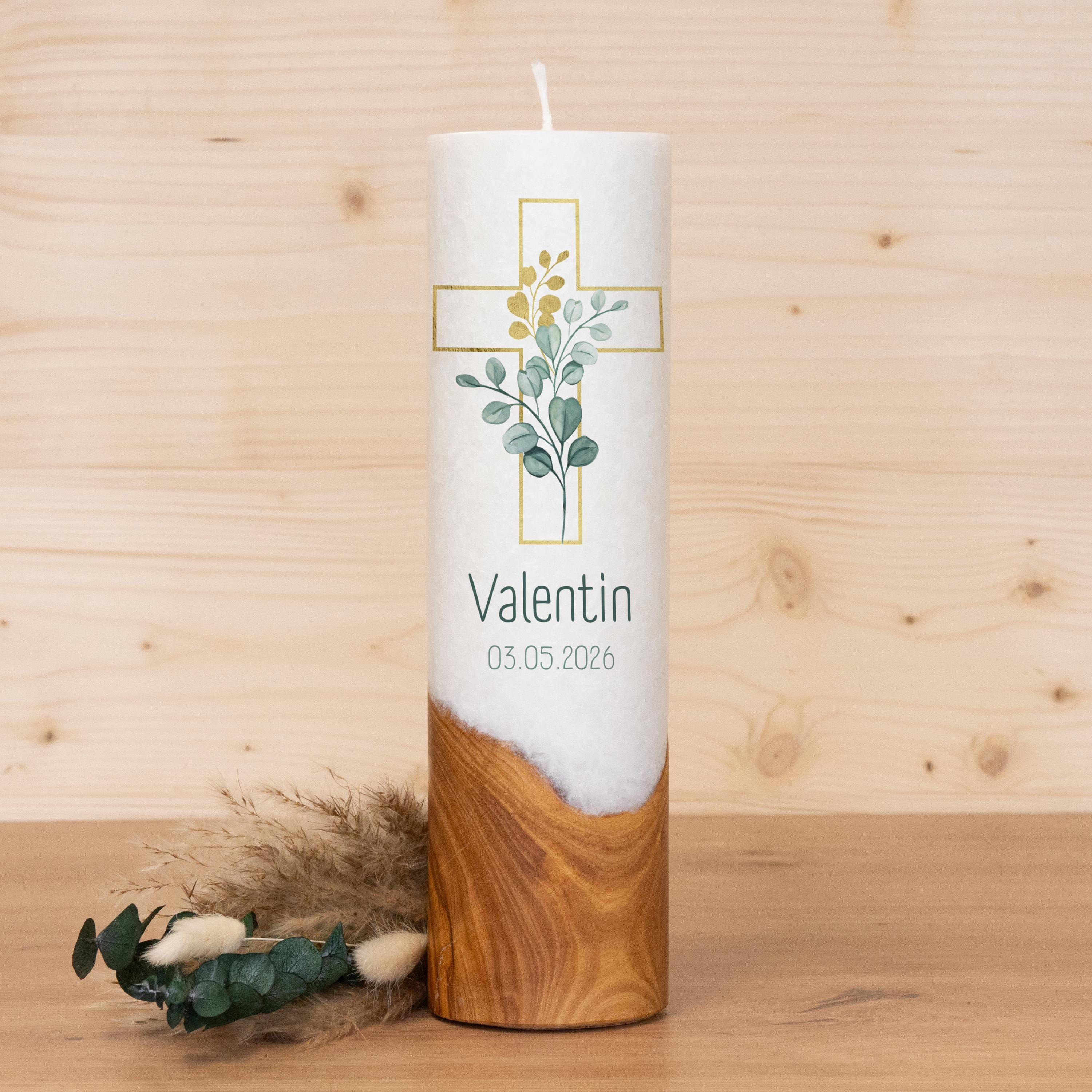 Taufkerze mit Holz - Kreuz Valentin - individuelle Fertigung - Für die Taufe - Geschenk zur Taufe - Holzkerze