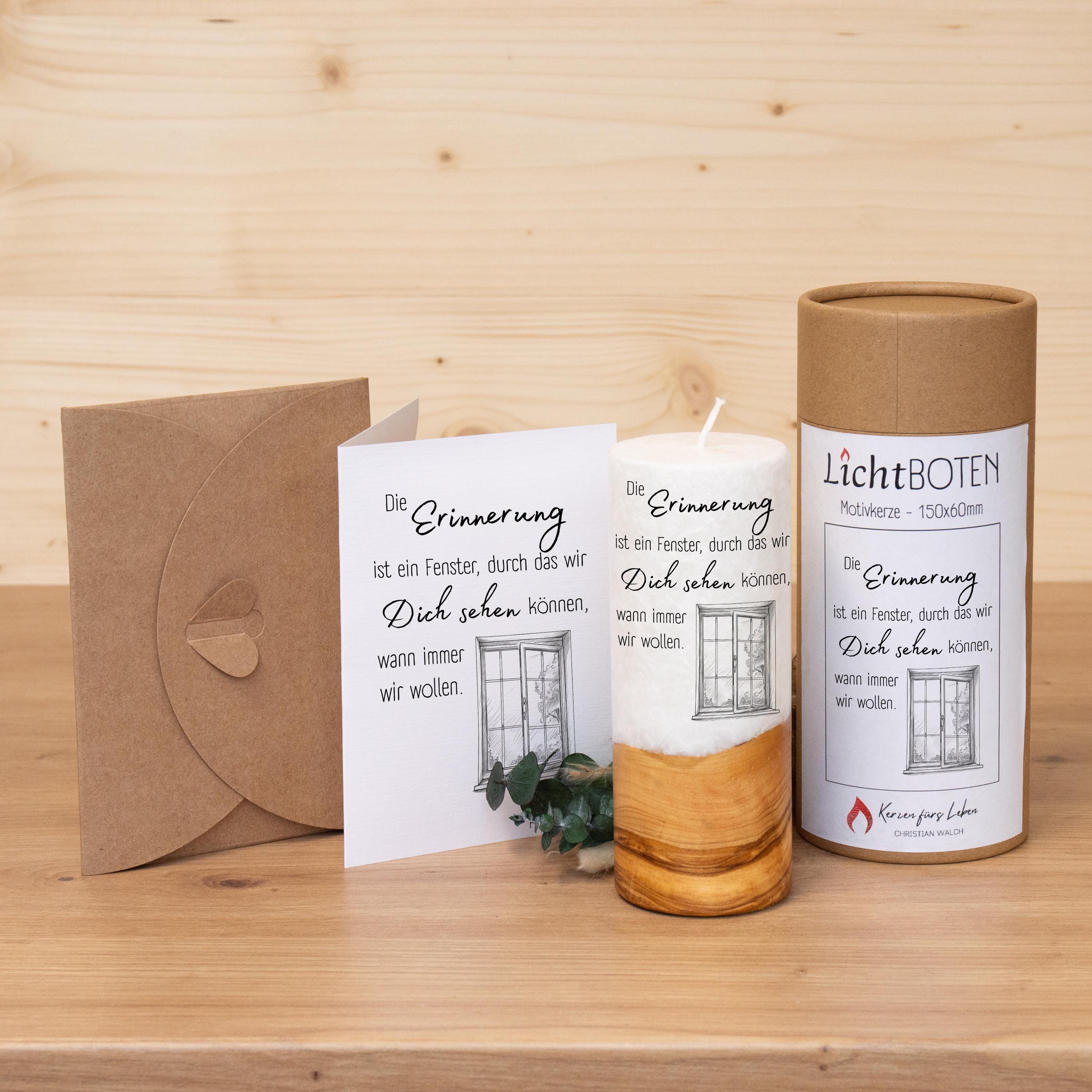 Trauerkerze mit Holz - Die Erinnerung - Geschenkset nach Wahl, Gedenklicht, Geschenk für Trauernde, Trauergeschenk, Karte, Kuvert