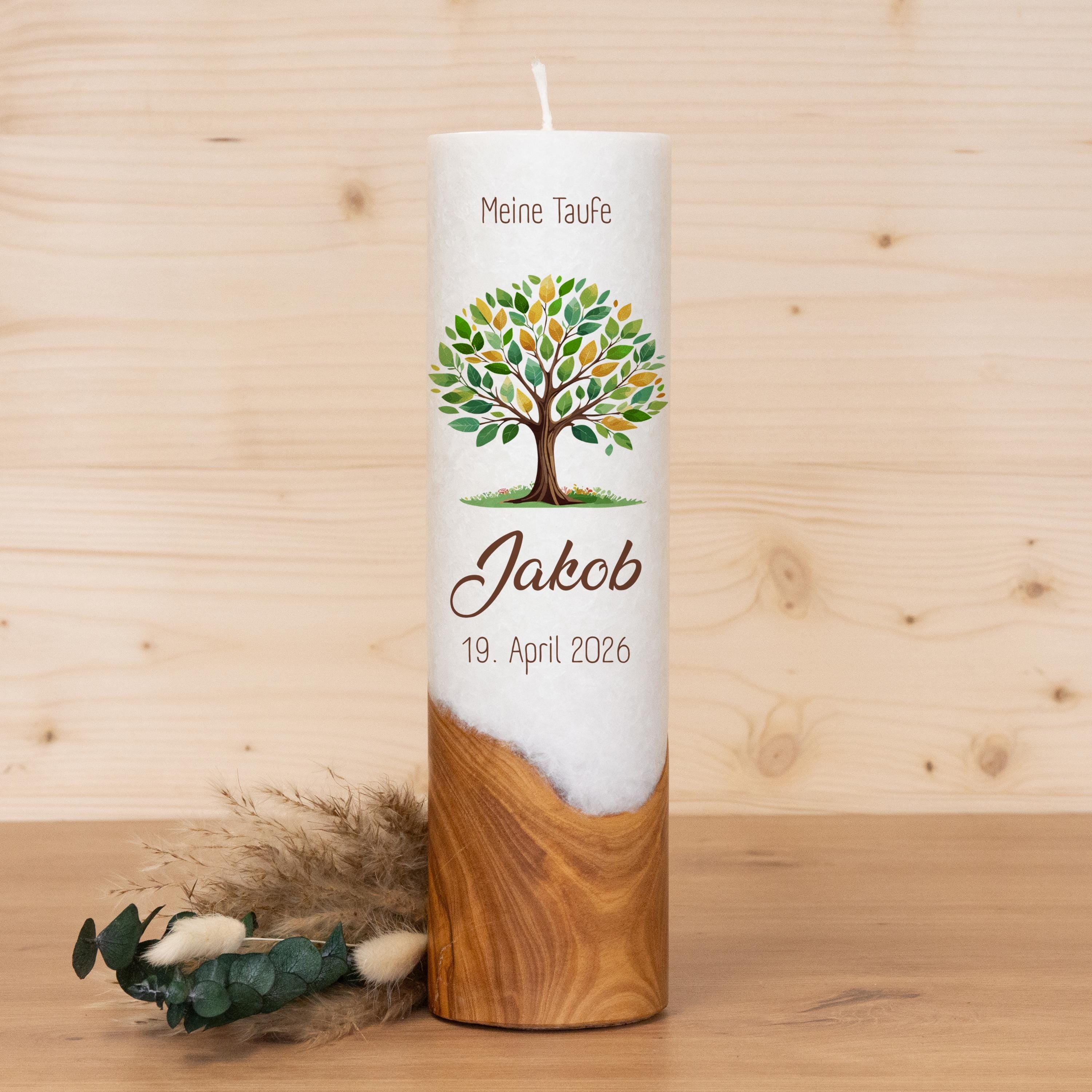 Taufkerze mit Holz - Lebensbaum Jakob - individuelle Fertigung - Für die Taufe - Geschenk zur Taufe - Holzkerze