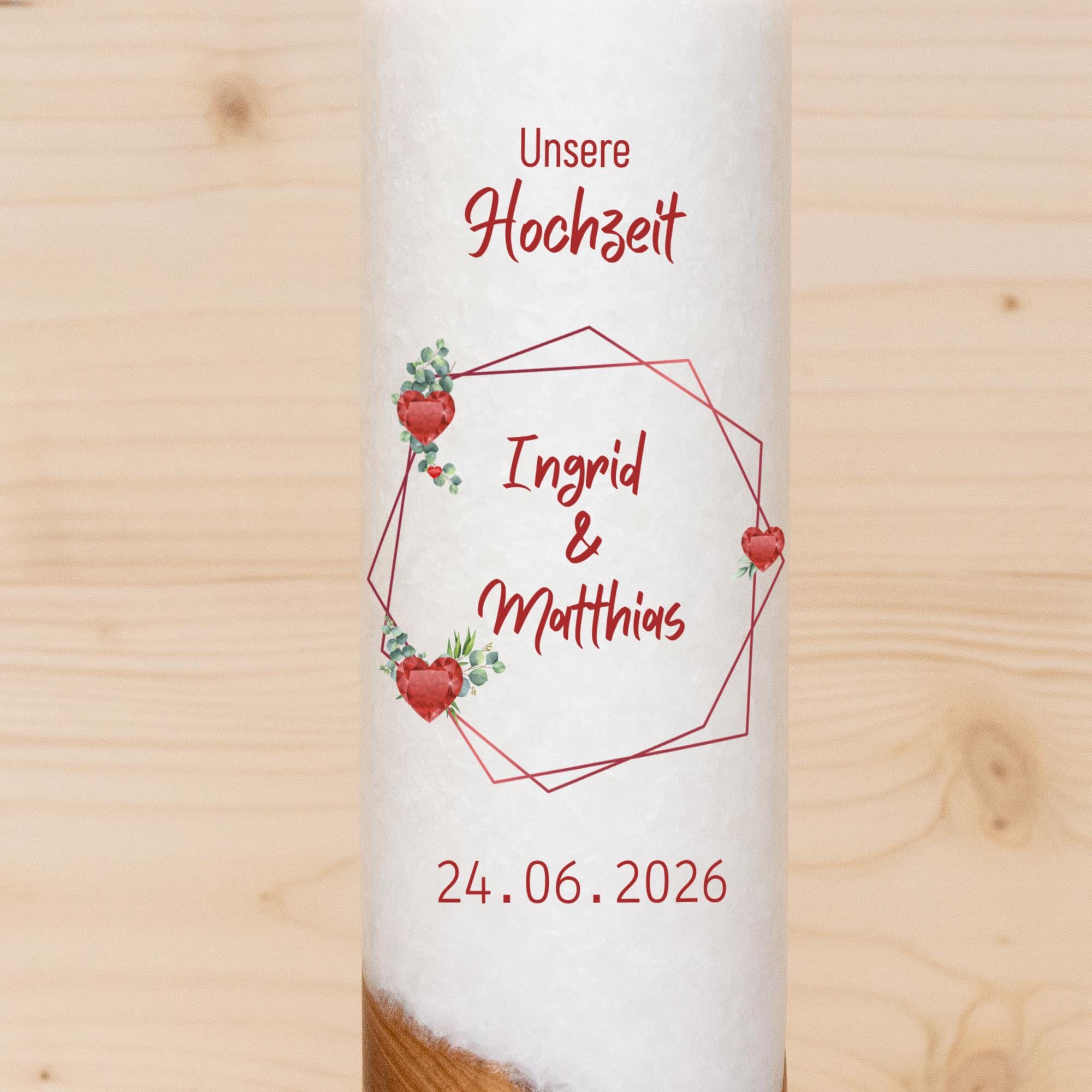 Hochzeitskerze mit Holz - Rubin Herzen - individuelle Fertigung - Für die Hochzeit - Geschenk zur Hochzeit - Holzkerze