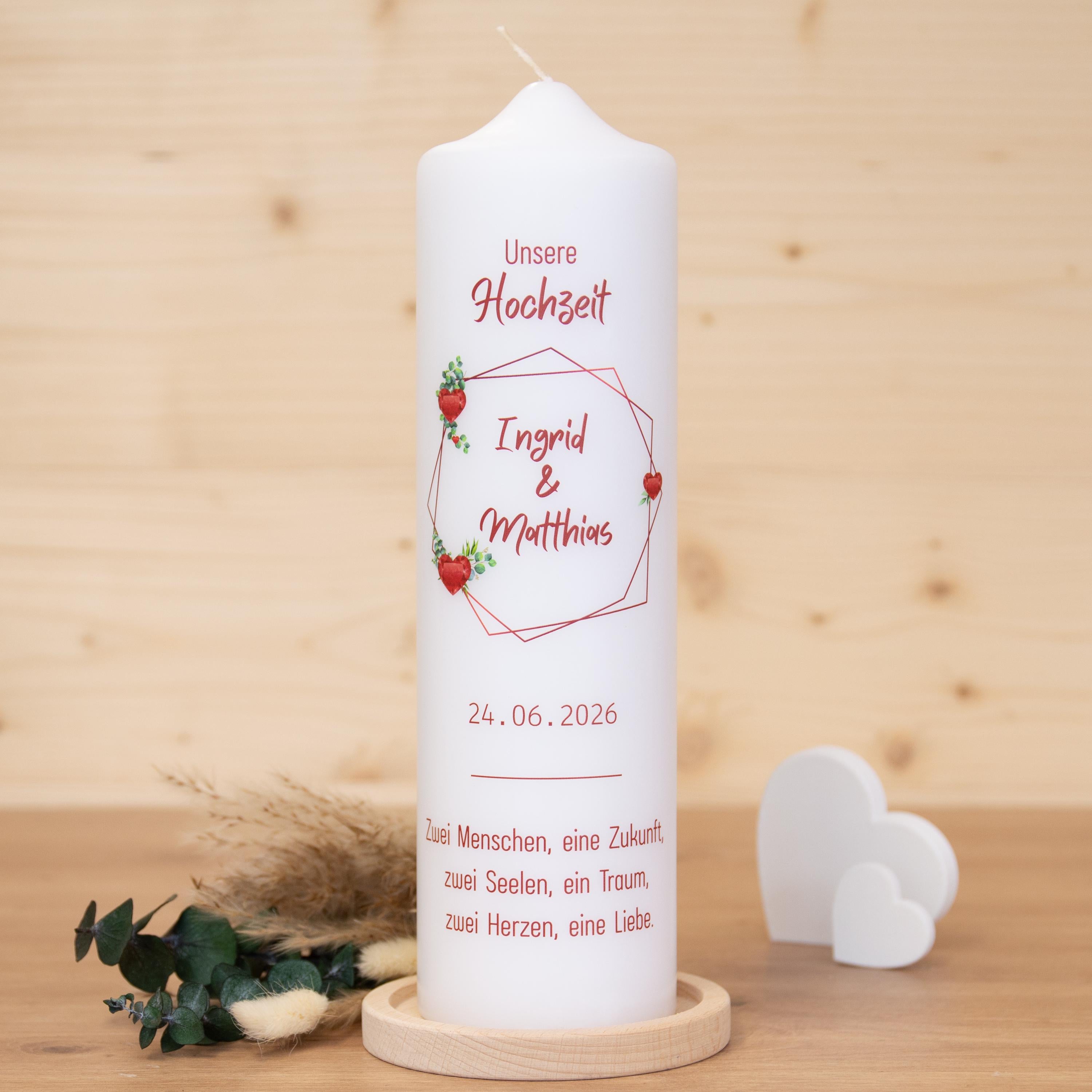 Hochzeitskerze - Rubin Herzen - individuelle Fertigung - Für die Hochzeit - Traukerze - Trauung Kerze