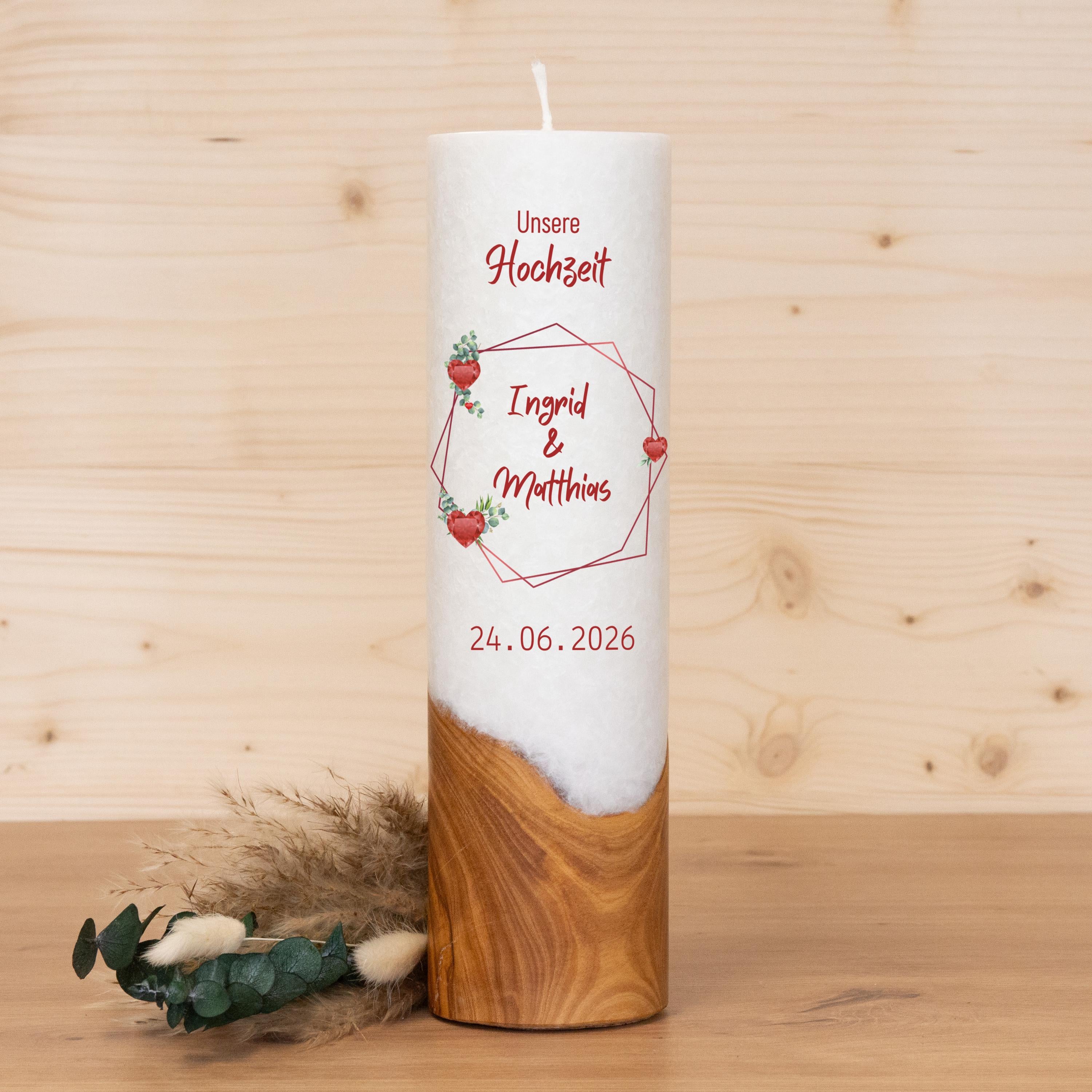 Hochzeitskerze mit Holz - Rubin Herzen - individuelle Fertigung - Für die Hochzeit - Geschenk zur Hochzeit - Holzkerze