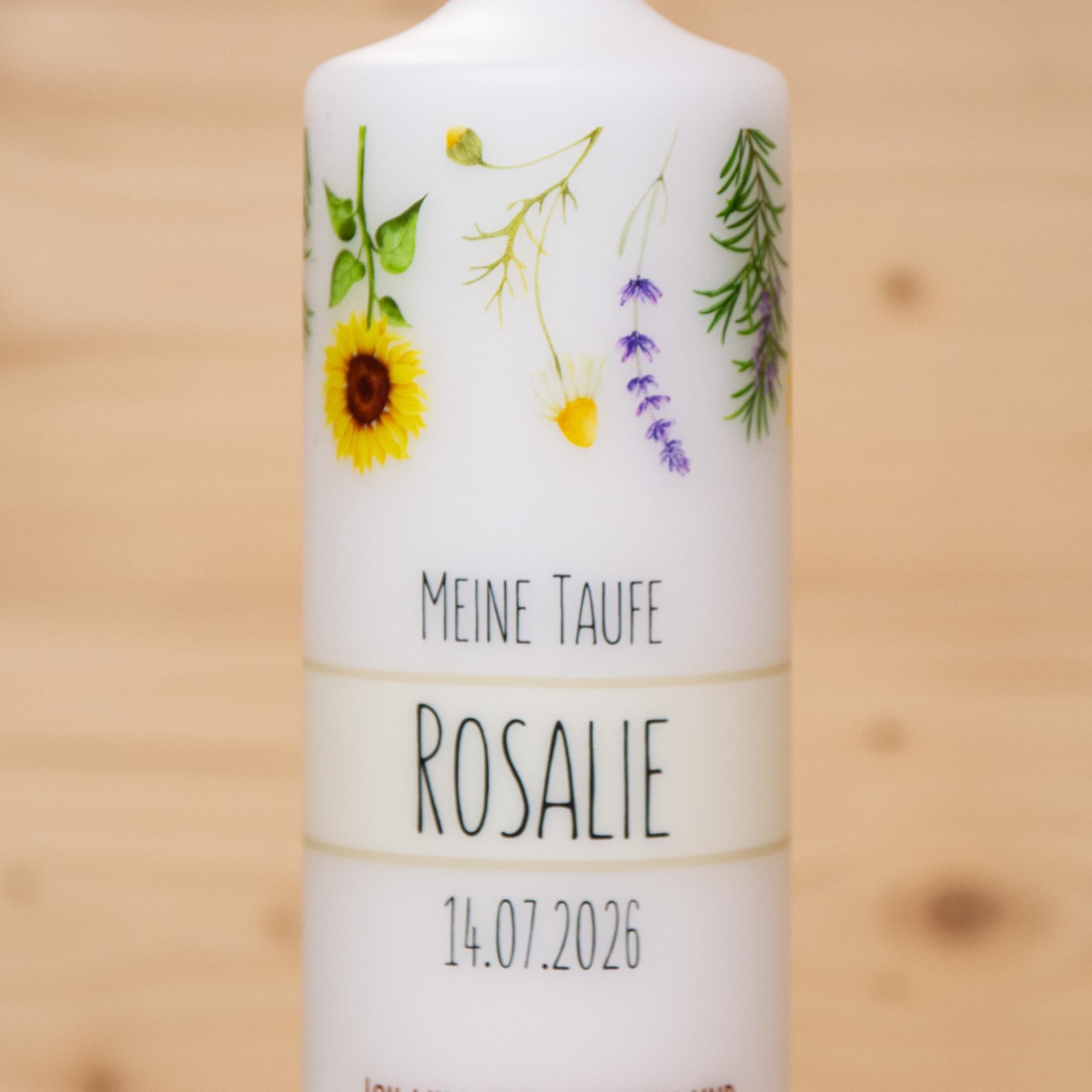 personalisierte Taufkerze Blumenwiese - Rosalie - Wildblumen - Sonnenblumen - Zur Willkommensfeier