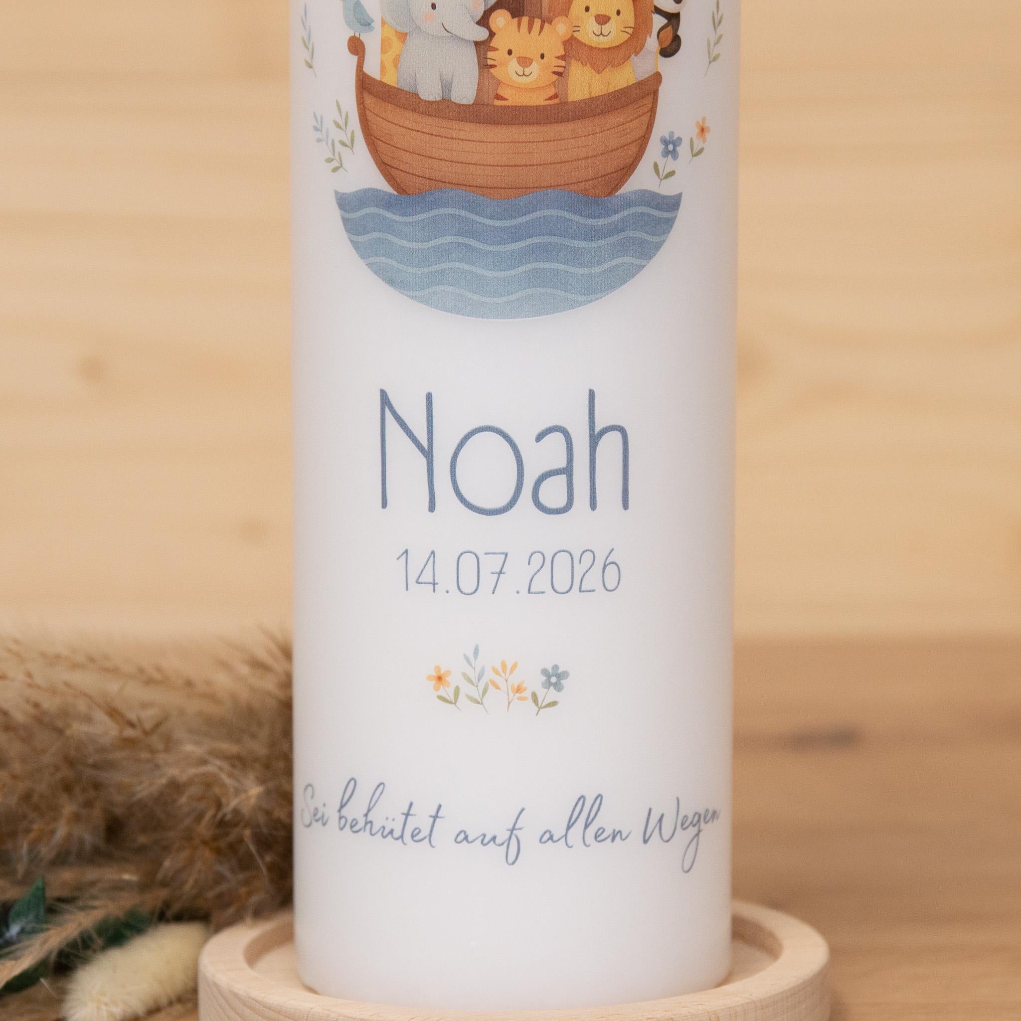 Personalisierte Taufkerze Arche Noah mit Name & Datum | Taufkerze mit Tieren in Blau, Altrosa oder Grün | Geschenk zur Taufe