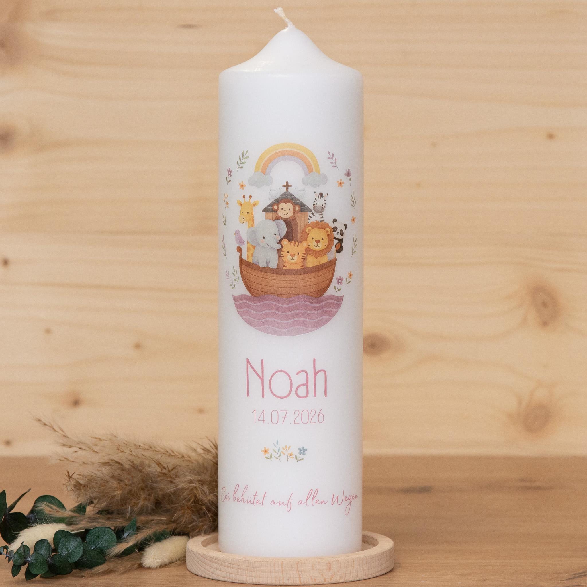 Personalisierte Taufkerze Arche Noah mit Name & Datum | Taufkerze mit Tieren in Blau, Altrosa oder Grün | Geschenk zur Taufe