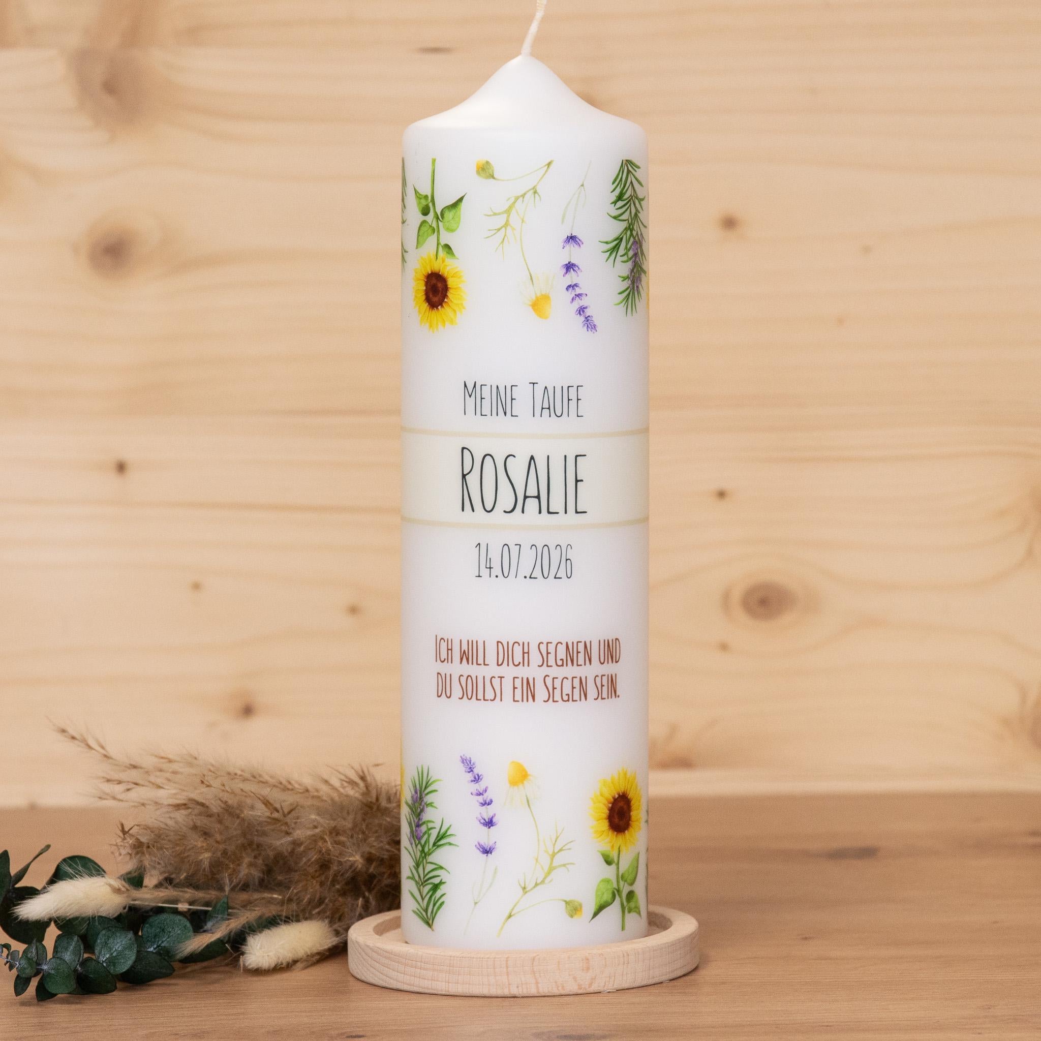 personalisierte Taufkerze Blumenwiese - Rosalie - Wildblumen - Sonnenblumen - Zur Willkommensfeier
