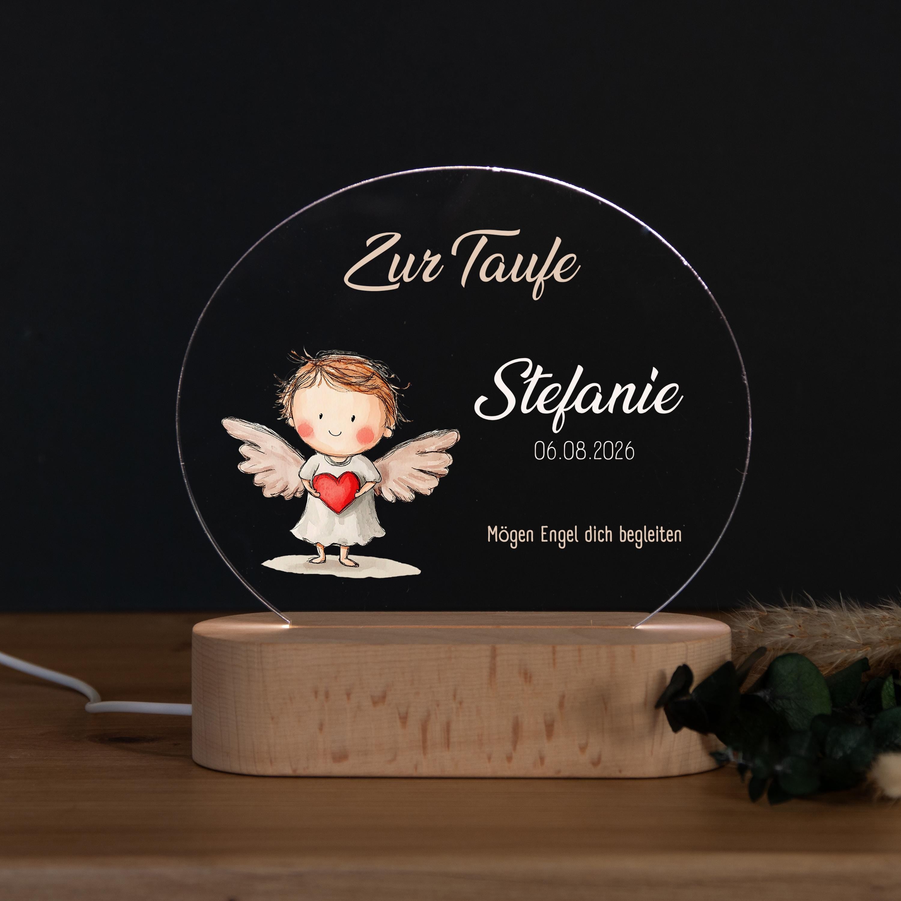 Personalisierte LED-Nachtlampe mit Engel aus Acryl mit Buchenholzsockel fürs Kinderzimmer, süßes Engelsmotiv für Kinder - Ideal zur Taufe