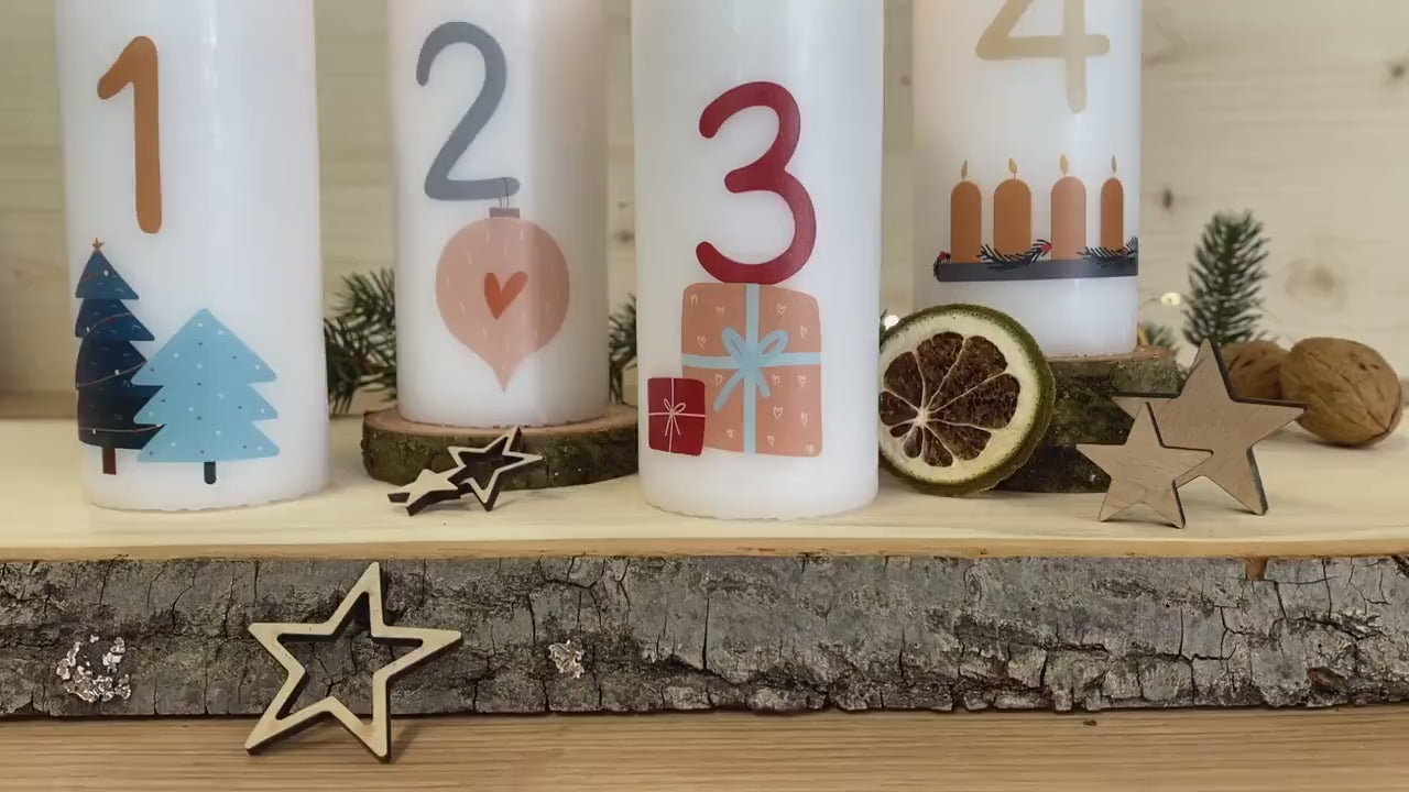 4 Adventskerzen mit modernen Weihnachtsmotiven – Schlichtes Kerzen Set für Adventskranz | Minimalistische Weihnachtsdeko | Handgemacht